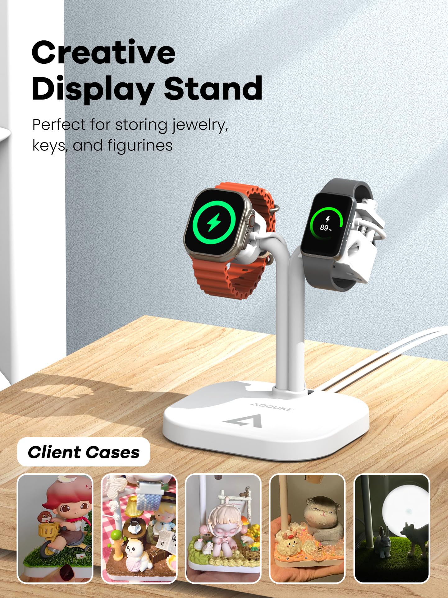 Universal Dual Watch Charger Dock, 2 in 1 Adjustable Smart Fitness Tracker Charging Station (A23S White)