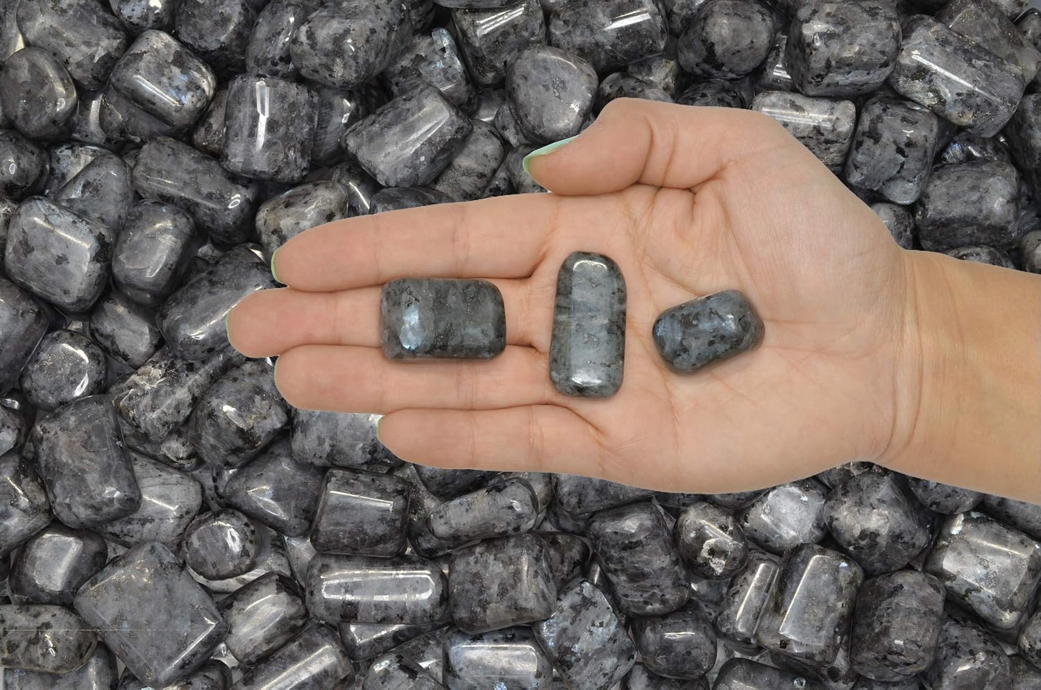 Fantasia Materials: 1/2 lb Rare Tumbled Larvikite Stones from India - Every Piece Hand Polished