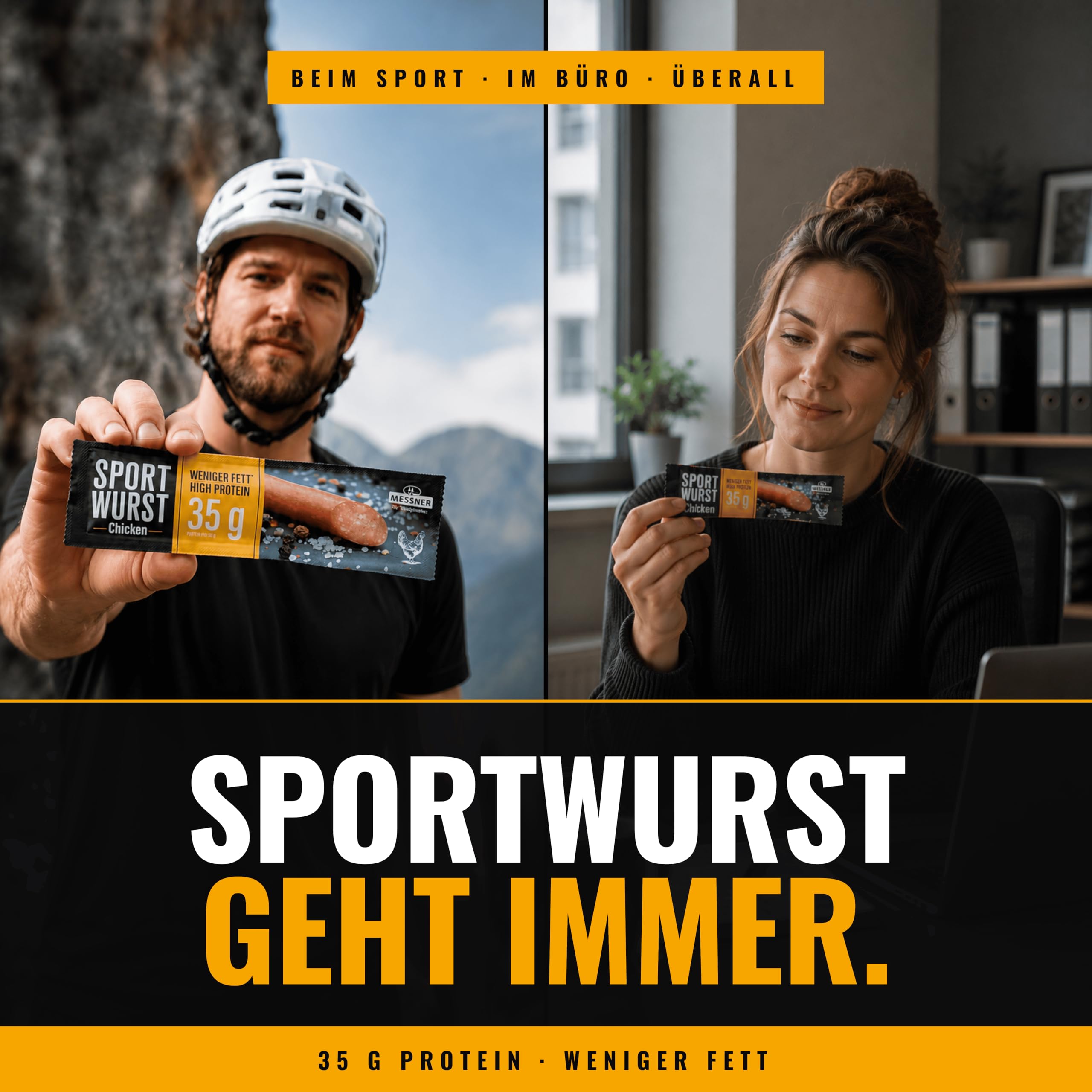 Messner Sportwurst Chicken 25x20g (500g) mit 35% Protein – Zarte Konsistenz, zuckerarm – Protein Snack, Low Carb Fleisch Snack, Chicken Snack