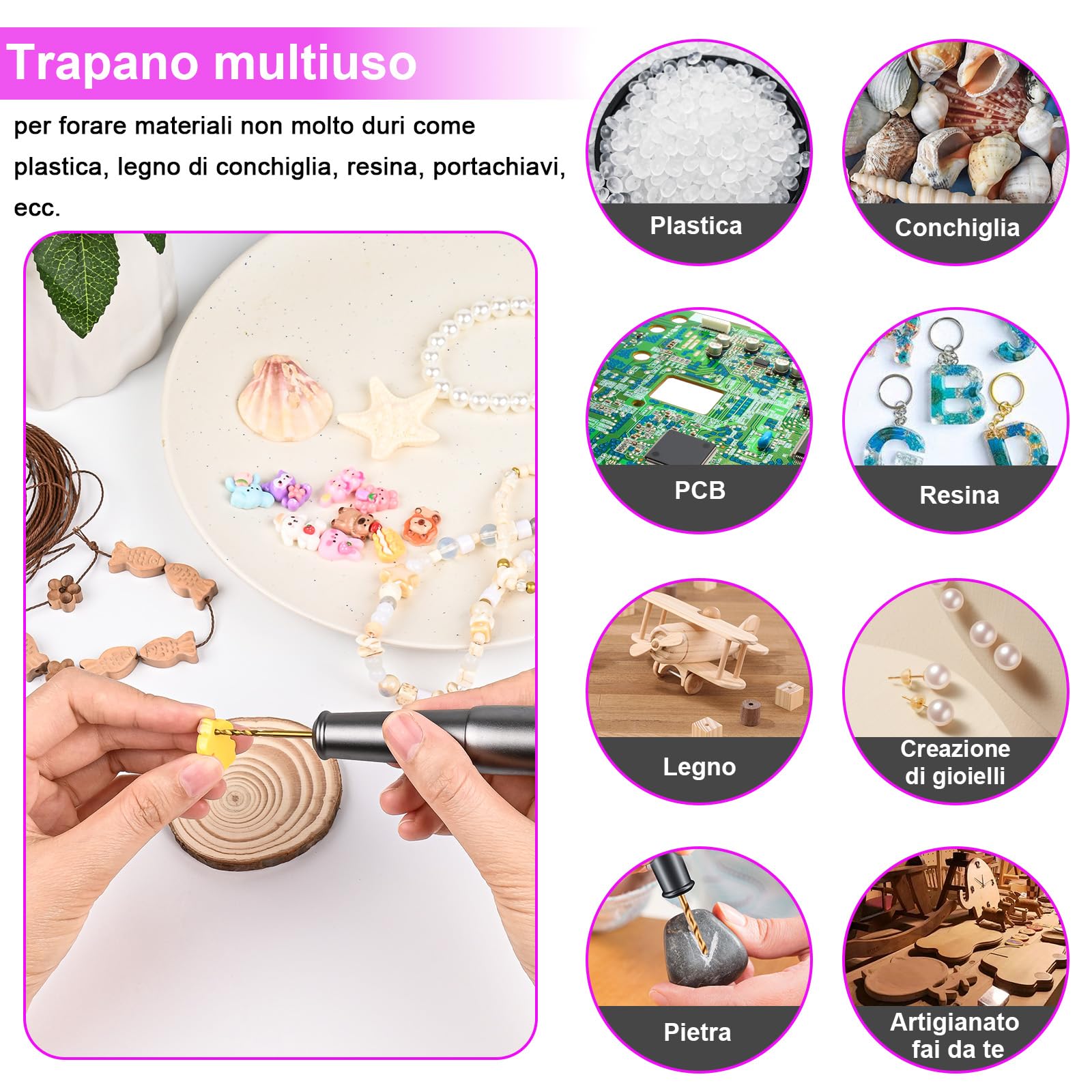 Mini Trapano a Mano, GuKKK 5 Velocità Mini Trapano Fai da Te Ricaricabile con 10 Punte, Penna Trapano Elettrico, Trapano Manuale per Modellismo, Legno, Resina, Creazione di Gioielli