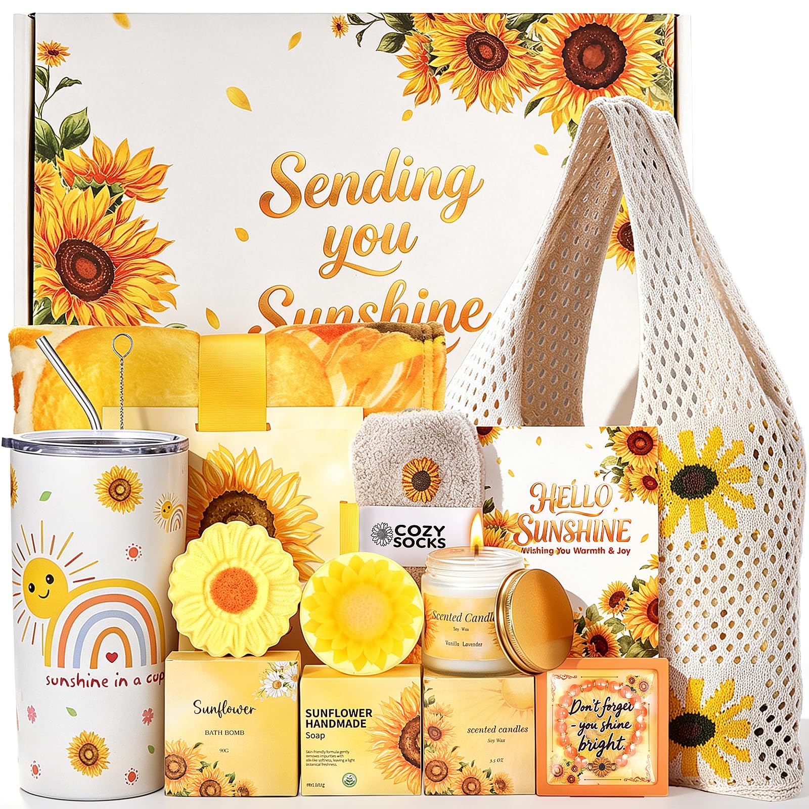 Sunflower Gifts Tote Bag Gift Set for Womens Self Care Gift - Birthday Gifts Box for Women Mom Wife Sister Daughter Friend Coworker, Sunflower Gifts Basket Sunshine Gift Box Care Package for Women Her