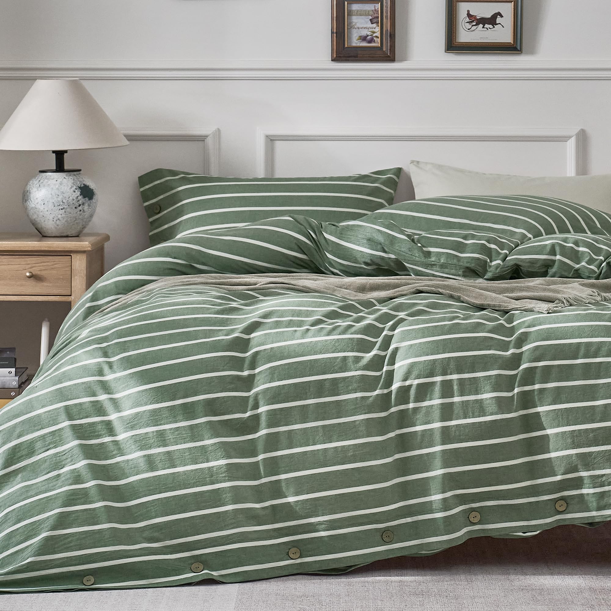 JELLYMONI Cotton Duvet Cover Full Size - Green Striped Comforter Cover with Button 100% Washed Cotton 3PCS Breathable Soft Solid Bedding Set Duvet Cover 80×90in &amp; 2 Pillowcases (NO Comforter)