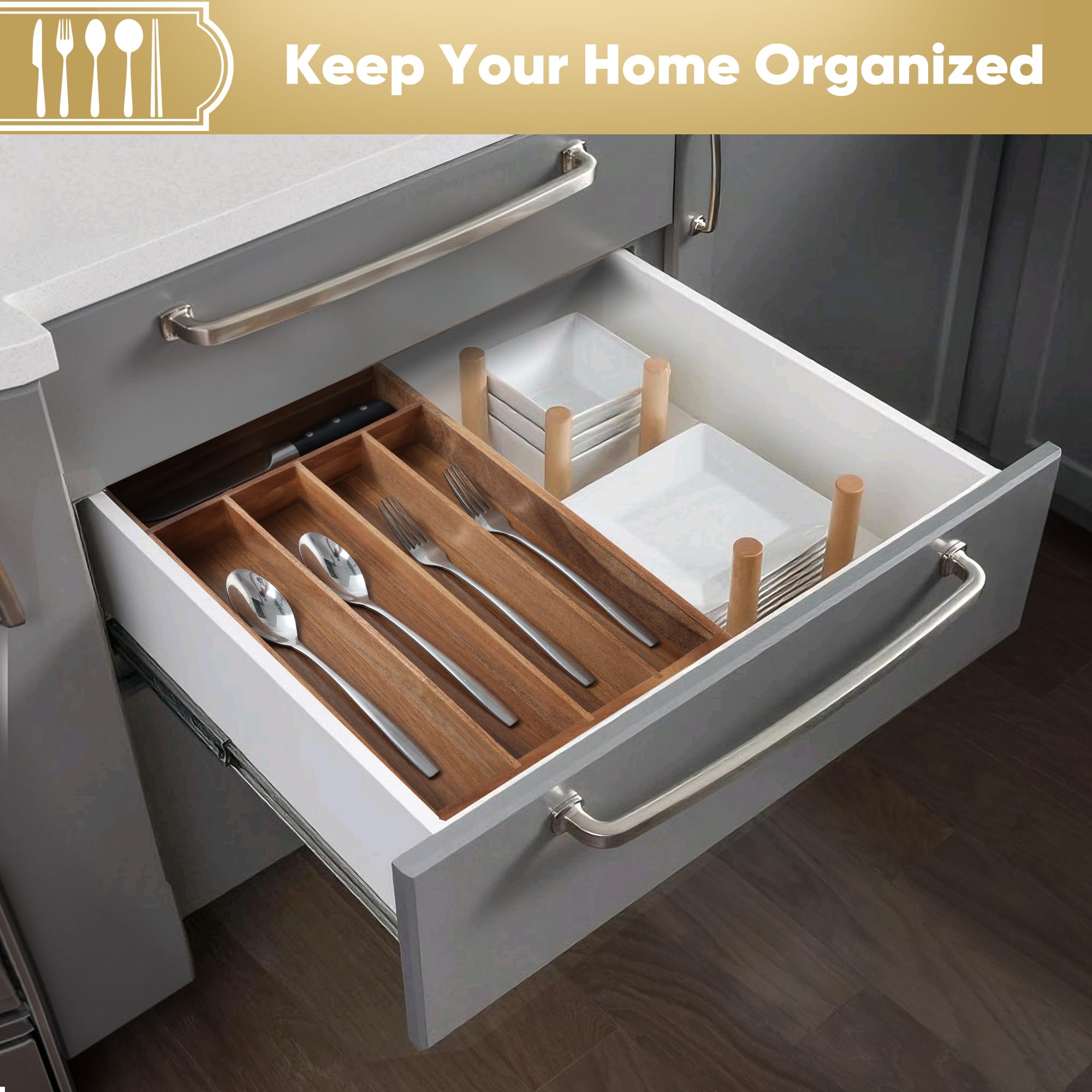 Besteck-Organizer, 2 Stück, 25,4 cm, Küchenschublade, Organizer, Akazie, Besteckkasten, Organizer in Schublade, Besteck-Organizer (5 Fächer, Akazie)