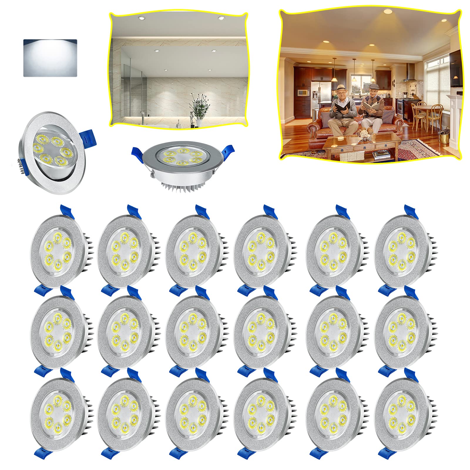 LARS360 Set di 20 faretti LED da soffitto da 3 W, in alluminio, per bagno, cucina, soggiorno e camera, bianco freddo