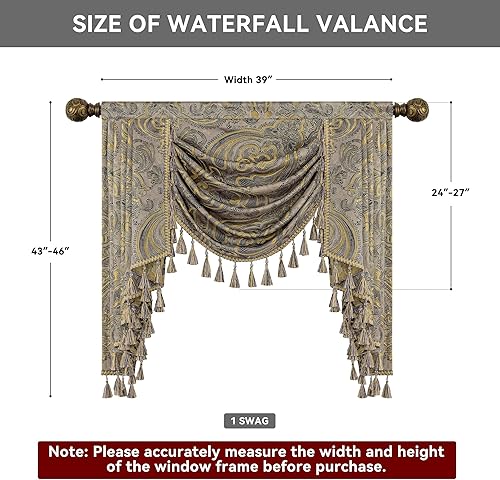 Miniatura 9 de Loom and Mill Cenefa de cascada de lujo para sala de estar, cenefas clásicas de damasco jacquard con borlas, cortinas negras para dormitorio,