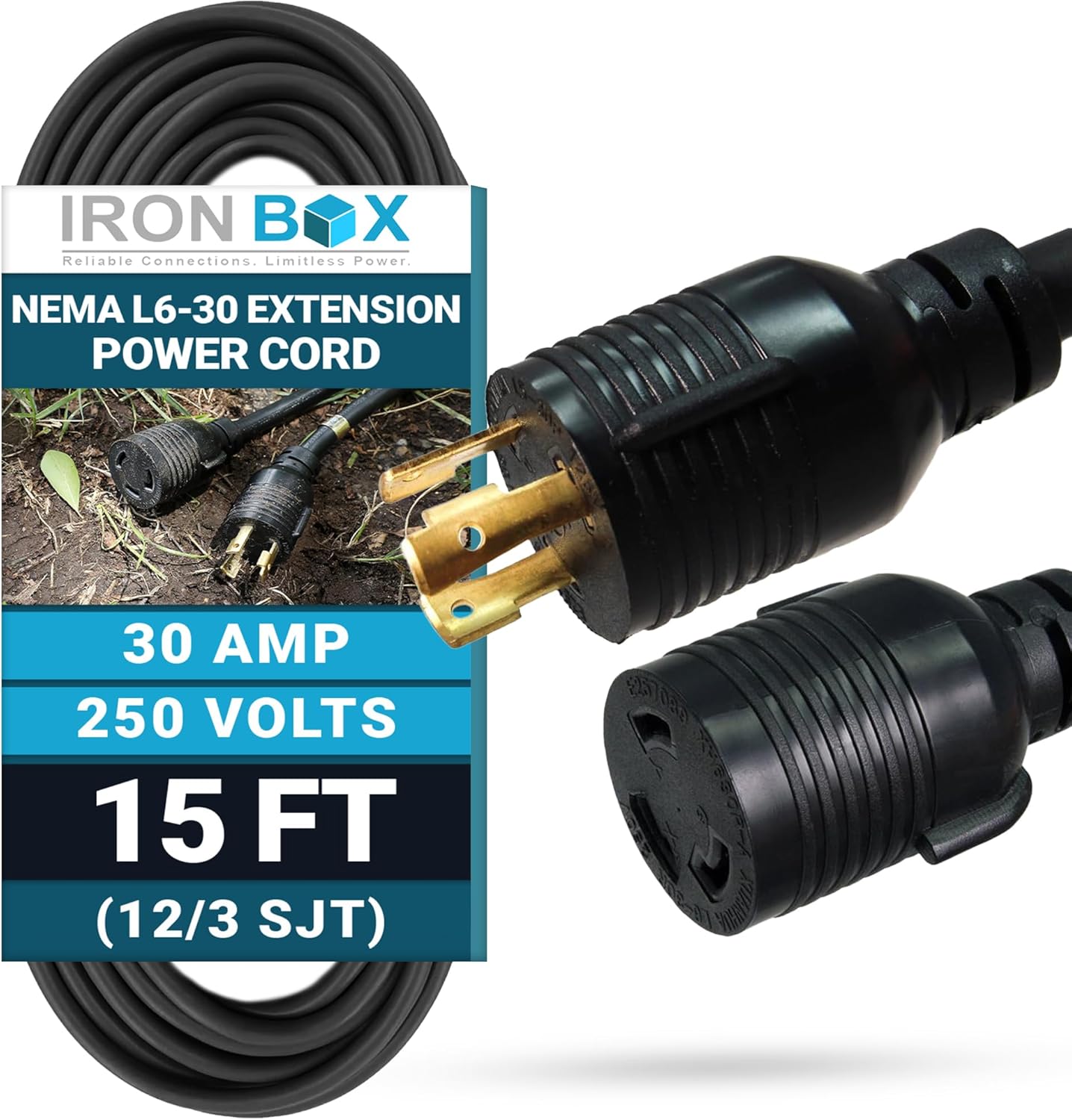 IronBox Electric - Heavy Duty NEMA L6-30 Extension Power Cord - Premium L6-30P Plug to L6-30R Connector - Rated 30 Amps, 250V - Weather Resistant - Ideal for Indoor & Outdoor Use - UL Listed (15 feet)