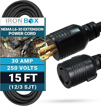 IronBox Electric - Heavy Duty NEMA L6-30 Extension Power Cord - Premium L6-30P Plug to L6-30R Connector - Rated 30 Amps, 250V - Weather Resistant - Ideal for Indoor & Outdoor Use - UL Listed 15 feet