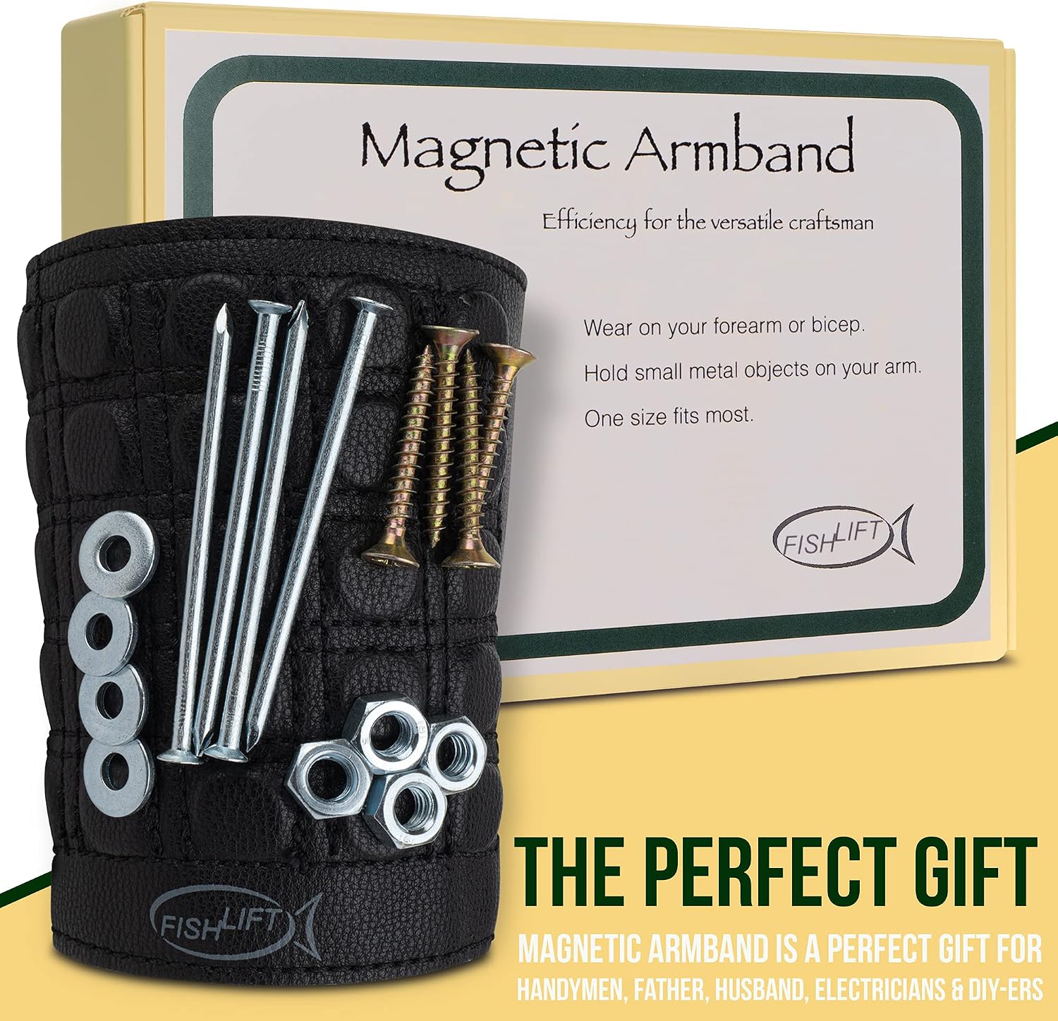 The Fishlift Magnetic Armband- Toolbelt for Your Arm with 25 Powerful Magnets, Stretchable Fabric and Real Leather - Hold Screws, Bits, and Nails.
