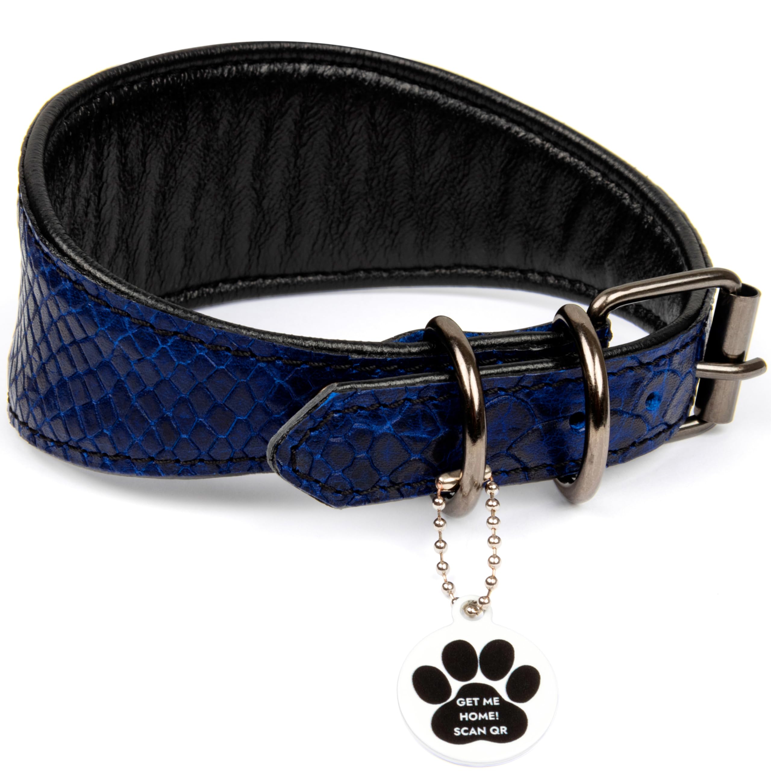 Collare in Morbida Pelle per Levrieri con ID Tag QR e NUOVI Anelli a D in Metallo Rinforzato per Whippet Italian Greyhound Saluki Borzoi Lurcher Galgo Spagnolo, Collare per Cane (Blu, S)