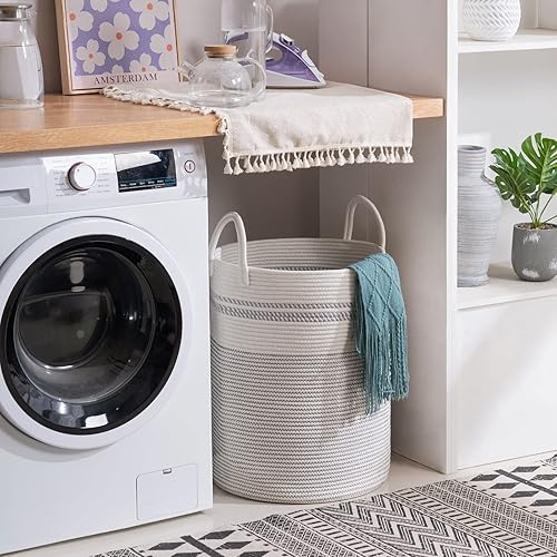 Miniatura 6 de YOUDENOVA Cesta de lavandería de cuerda tejida, cesta de Luandry de 58 L de alto, cesta de guardería para almacenamiento de mantas, cesta de ropa