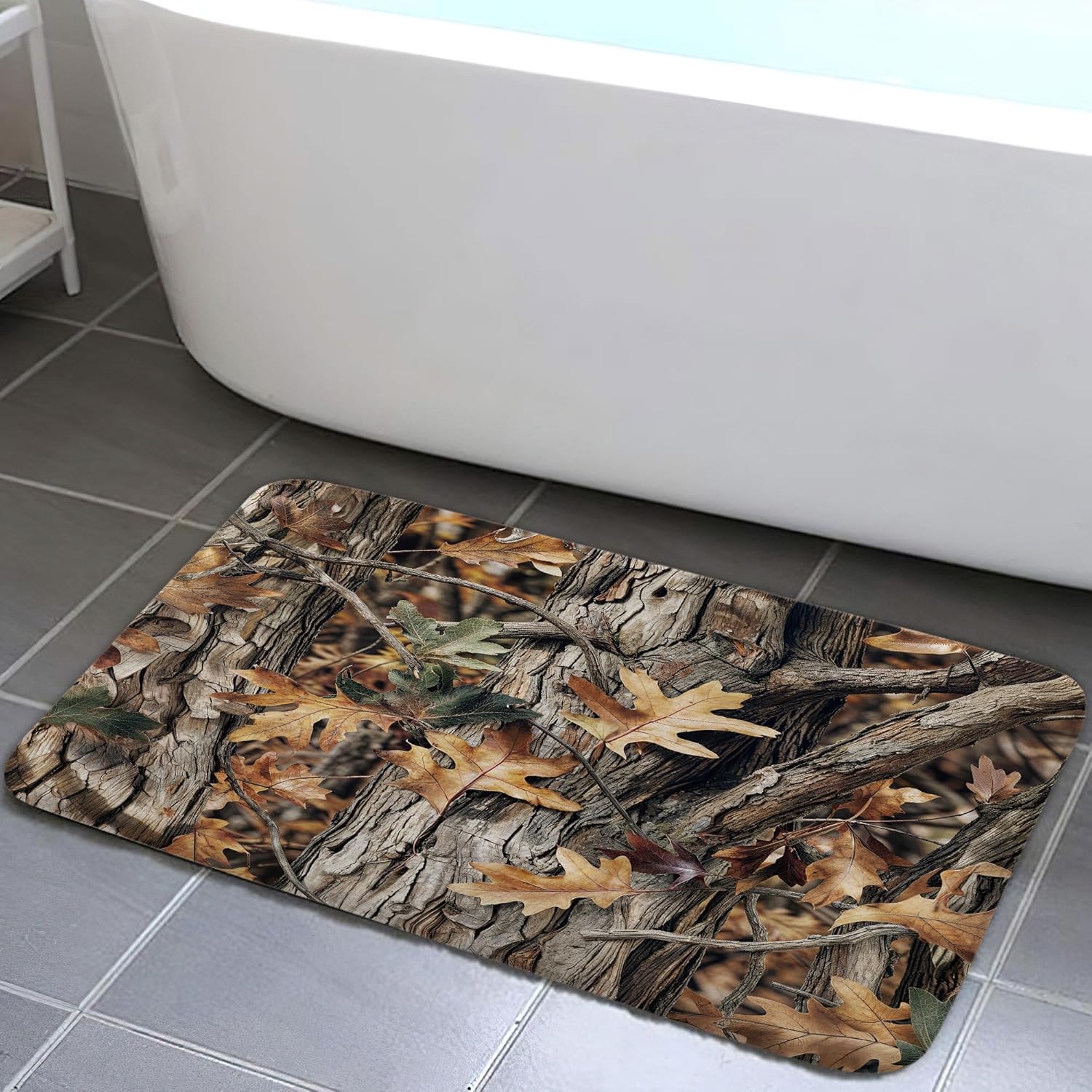 JAWO Camo Shower Curtains and Rugs - 69x70 Inch, Mossy and Oak Camouflage Patterns, Bathroom Set with Shower Curtain, Bath Rug, Contour Mat and Toilet Lid Cover