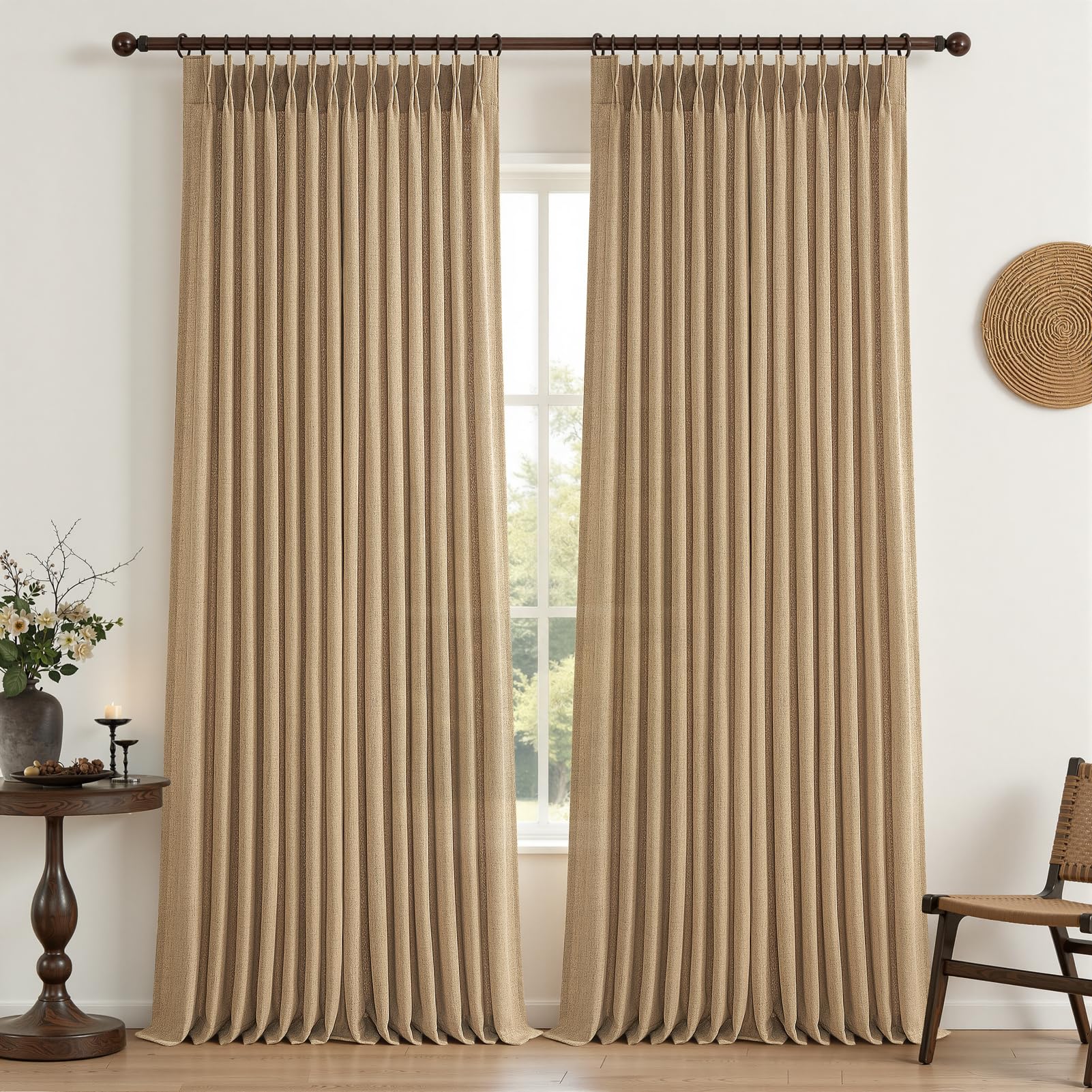 Pinch Pleated Rust Brown Semi Sheer Bedroom Curtains 96 Inches Long 2 Panels Set, Memory Trained Linen Blend Light Filtering Natural Curtain Farmhouse Viral Window Drapes for Dining Room 8FT Length Rust Brown 40"W x 96"L( Pack of 2)