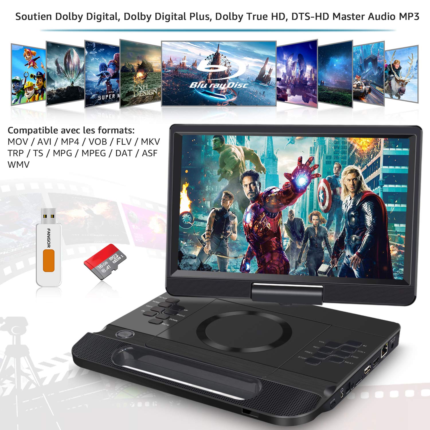 FANGOR Lecteur DVD Blu-Ray Portable 12 Pouces Accepte Full HD 1080P Dolby Audio, Batterie Rechargeable Intégrée, Supporte HDMI, AV in, USB/SD/MMC 4 Heures d'autonomie