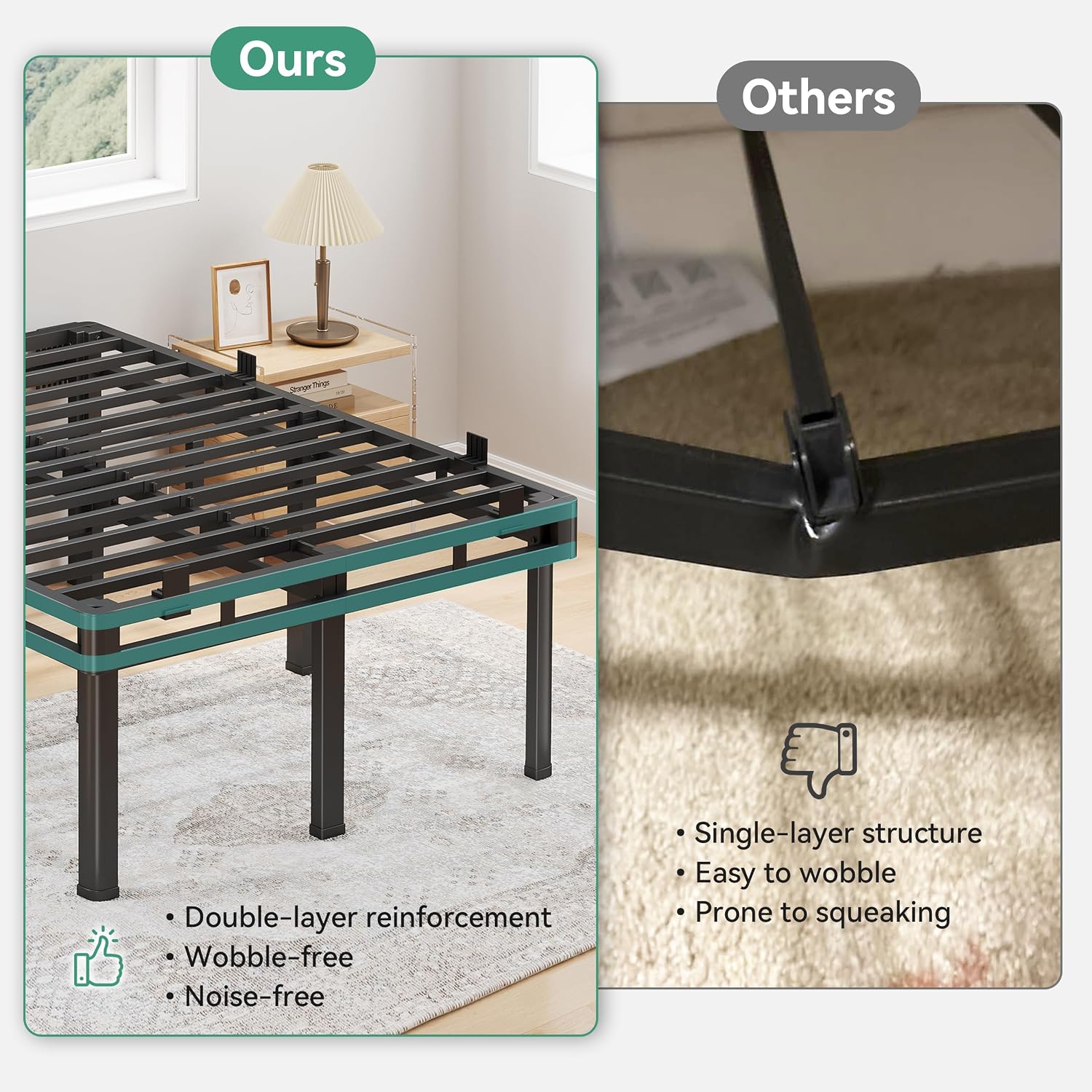 Bedroom scene showing the bed frame with items stored underneath