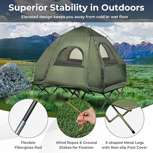 Miniatura 8 de GYMAX Catre plegable 5 en 1 con colchón y almohadas, sacos de dormir, sombrilla, tienda de campaña elevada con bolsa de transporte para senderismo