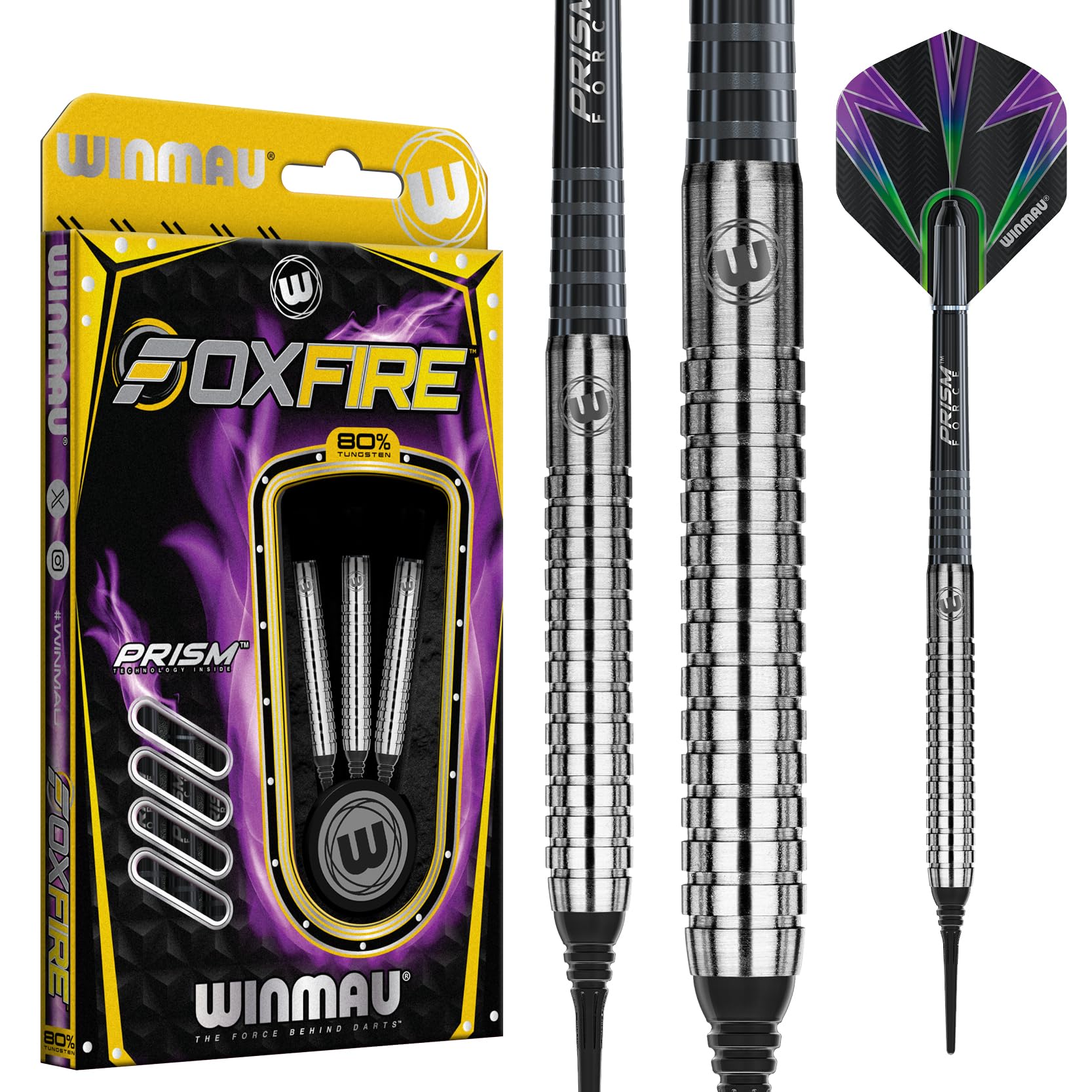 WINMAU Foxfire 20g Ensemble de Fléchettes Softip en Tungstène avec Vols Prism et Arbres (Tiges)