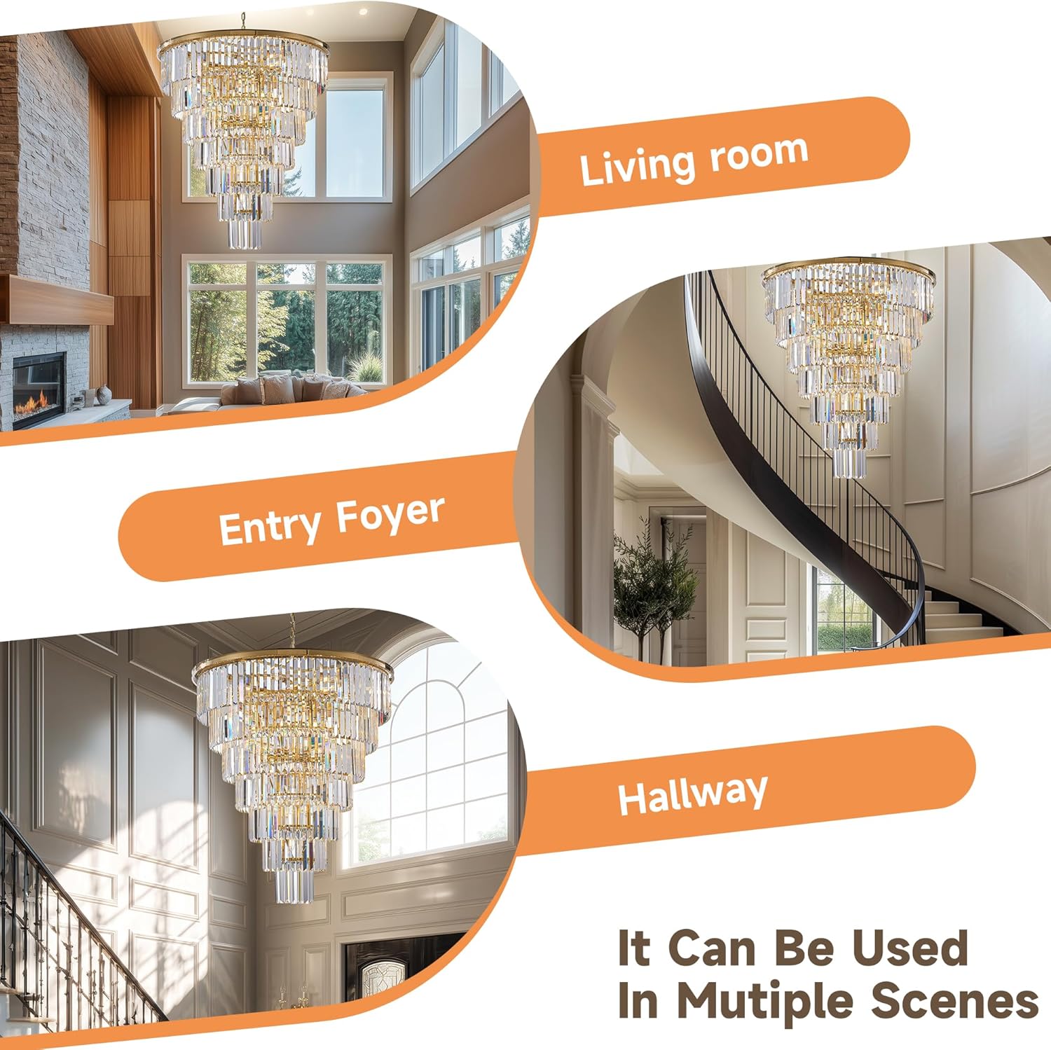 48-Inch Gold Tiered Crystal Tube Chandelier - 45-Light E12 Pendant with 580 Crystal Rods, Mirror-Polished Metal Frame, Adjustable 79" Chain, Gold