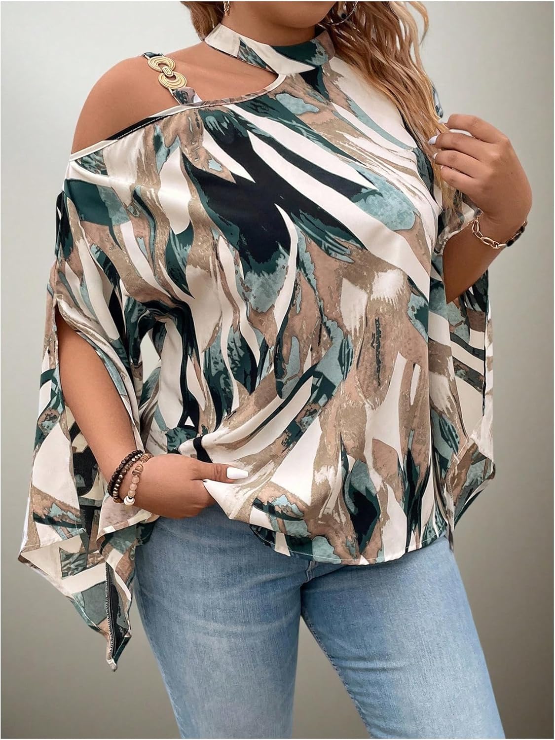 GORGLITTER Women's Plus Size Blouse Tops Trendy Dressy Casual Fall Cold Shoulder 3/4 Sleeve Asymmetrical Neck Shirt Top