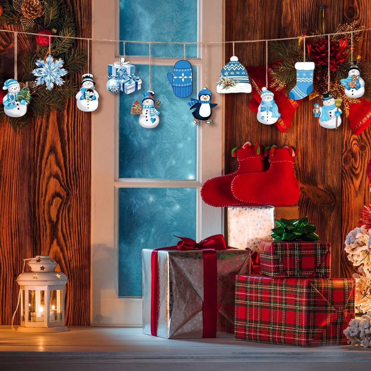 VinTS 36 Pcs Winter Wooden Hanging Ornaments,Winter Snowflake Snowman Gloves Socks Penguins for Christmas Tree Decorations,Home Decor