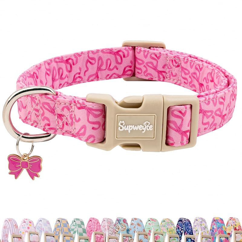 Coleira para Cães de Algodão com Estampa de Laços Pink Bow supweyte, Tamanho Médio