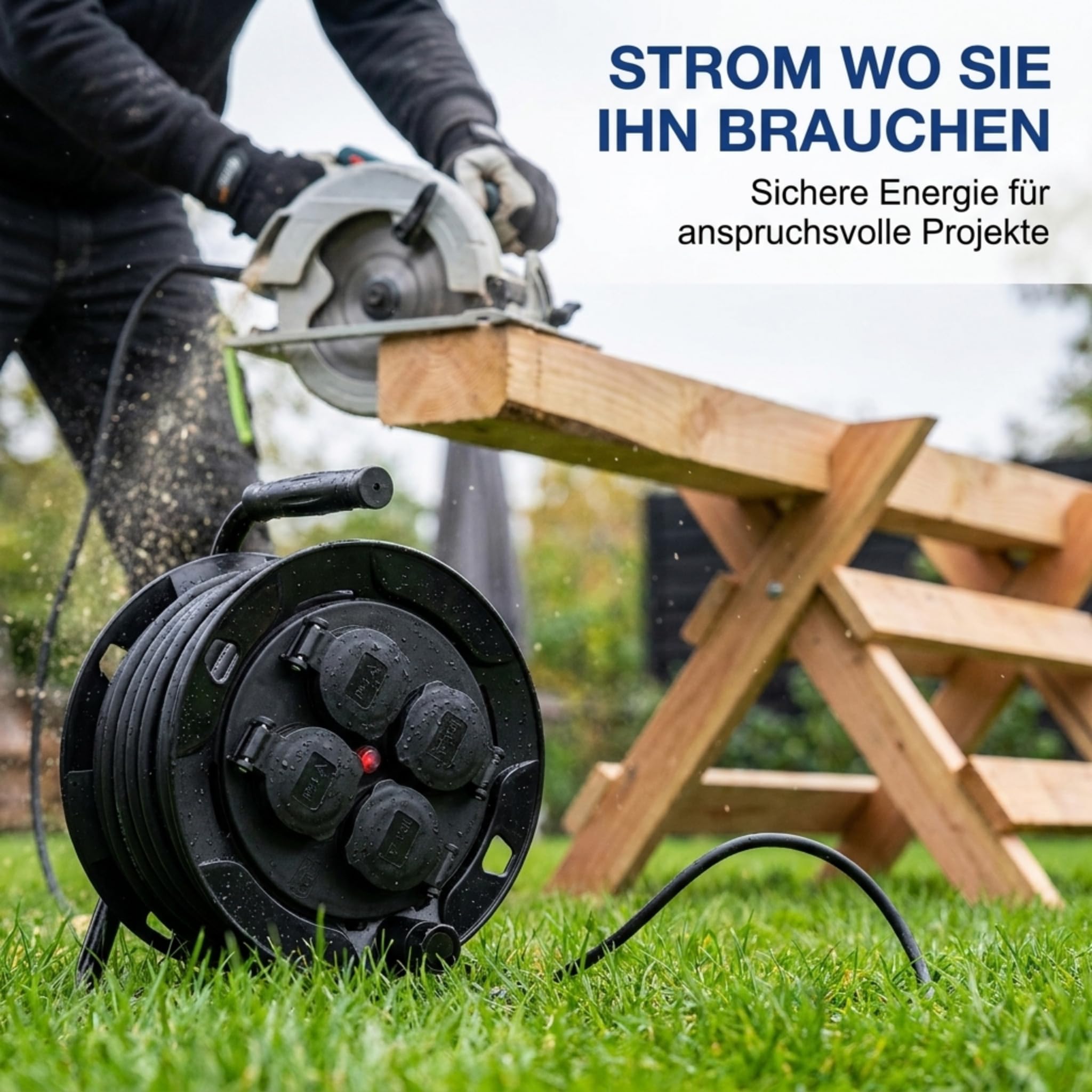 LEX Profi Kabeltrommel 40m IP44 - Outdoor Verlängerungskabel, 4 Steckdosen | Spritzwassergeschütztes 3 x 1,5 mm Stromkabel, robuster Metallständer mit Haltegriff & drehbare Kurbel für leichtes Aufrollen
