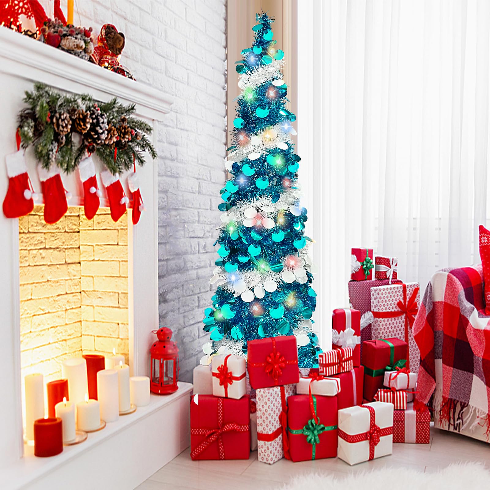 OurWarm Pop-Up-Weihnachtsbaum 1,5 M – Mit 60 LED-Lichtern, Faltbar, Rosa Pailletten
