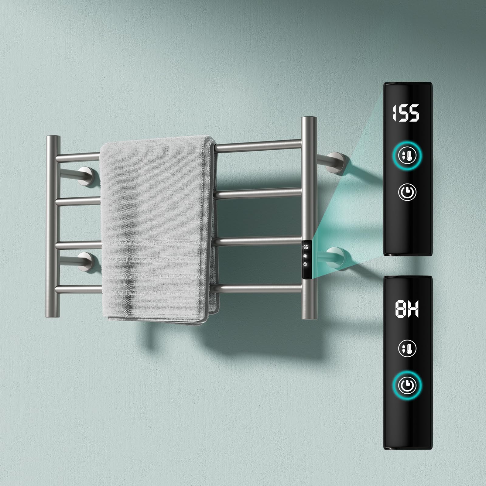 KINKIB Wall Towel Warmer Rack for Bathroom - 4 bar Heated Towel Rack Timer and LED Indicator for Bathroom, Wall Mounted Electric Towel Rack, Stainless Steel Brushed, Hard-Wired/Plug-in