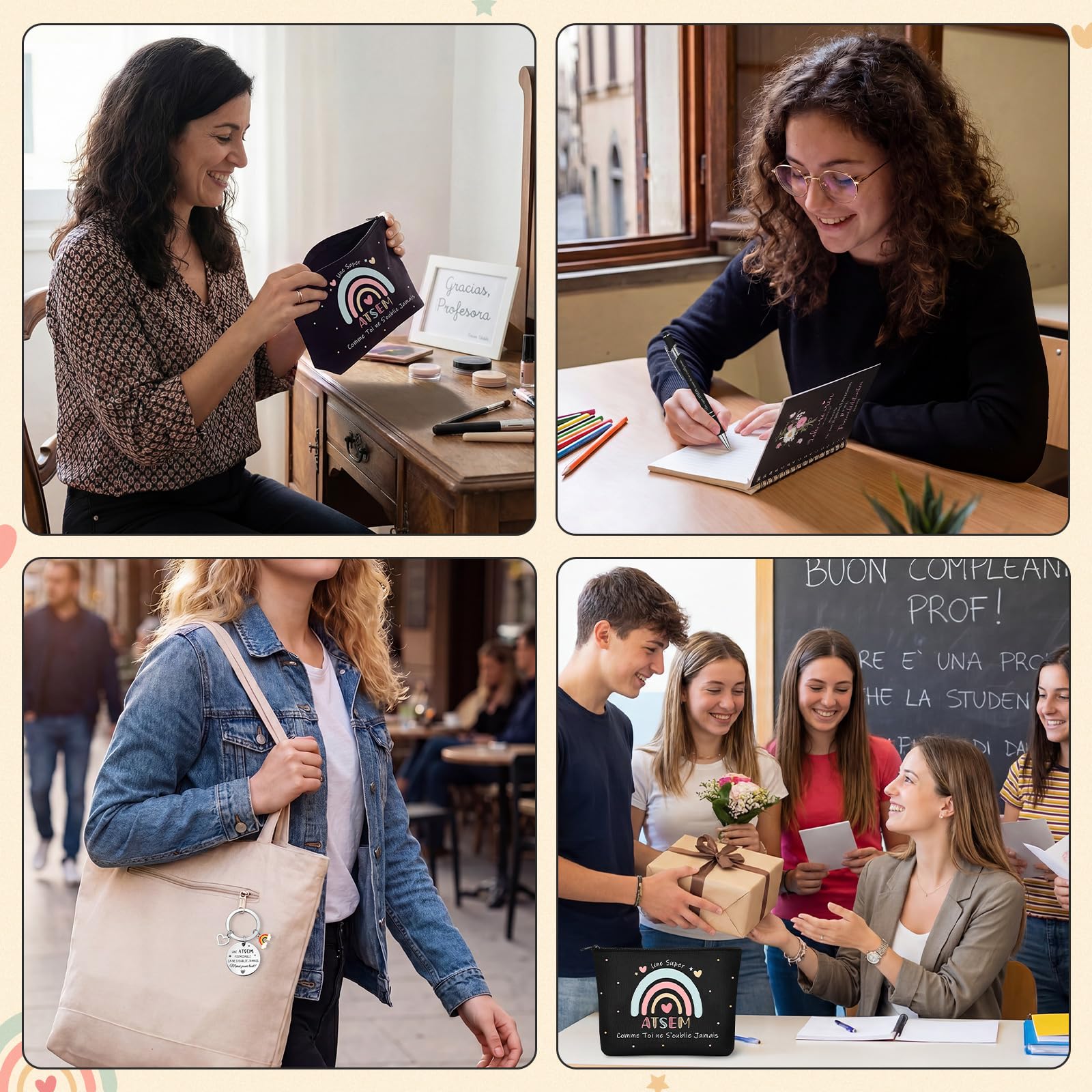 Coffret Cadeau ATSEM 3 Pièces Trousse de Maquillage Porte-Clés Stylo à Bille