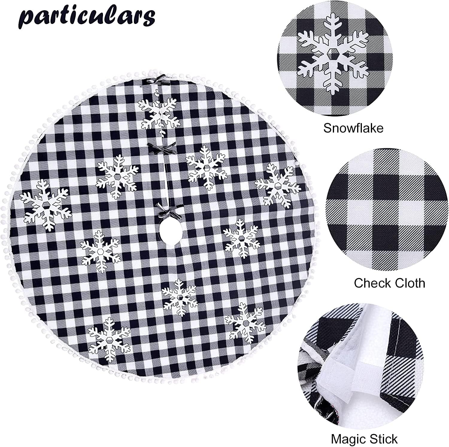 Christmas Tree Skirt Black and White Buffalo Check Plaid Tree Skirt with Snowflake Design&Pom Pom, 48inch Double Layers Xmas Tree Skirt for Christmas Decorations, Winter New Year House Decoration