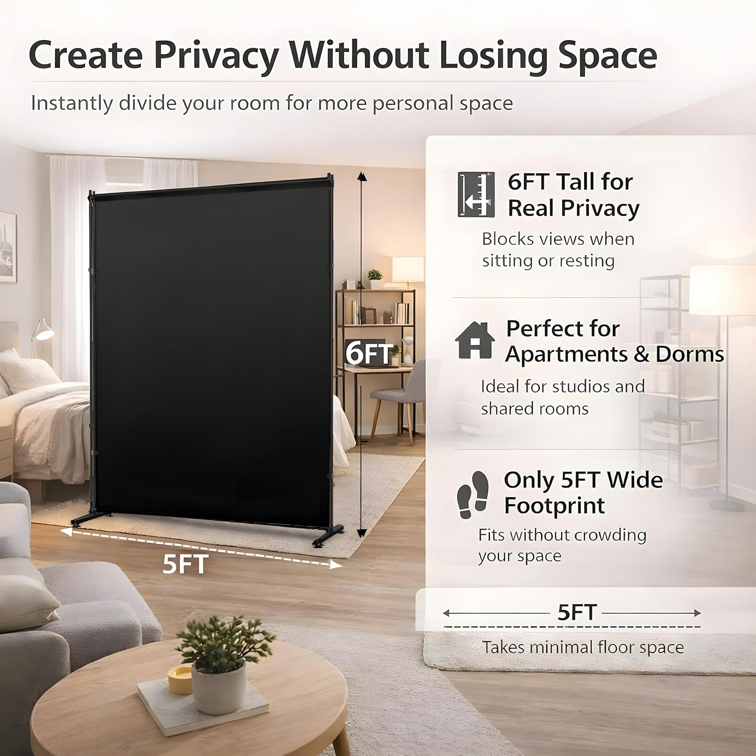 Room Divider Single Panel, 5FTX6FT Compact Privacy Screen with Thick Fabric,Temporary Partition Wall for Room Separation, Portable for Studio Apartment, Bedroom,Home Office,Black