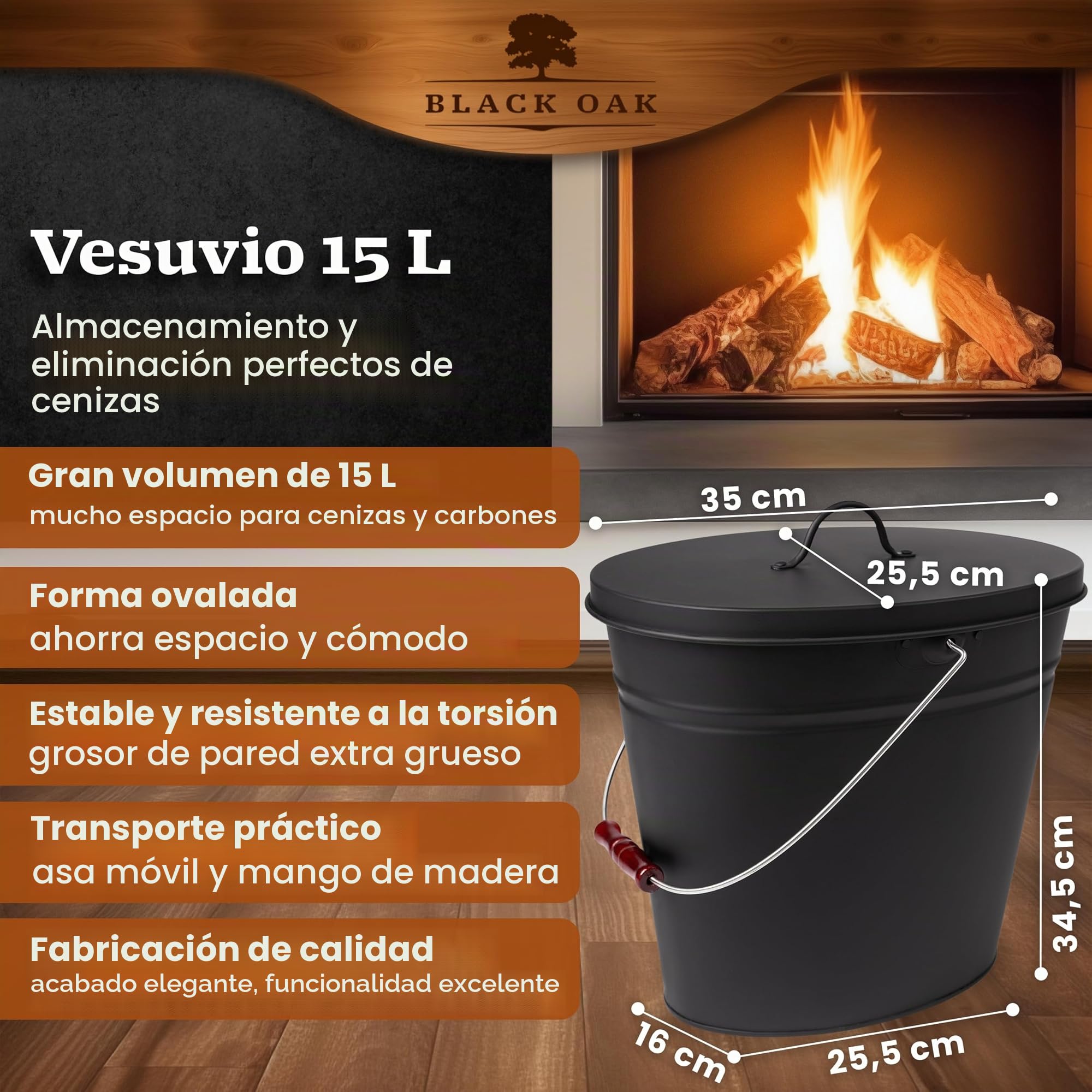 BLACK OAK Ascheeimer Vesuvio 15L – negro ovalado con tapa - grande 15 litros - acero resistente al fuego galvanizado y con recubrimiento en polvo, cubo para cenizas y carbón, accesorio ideal para