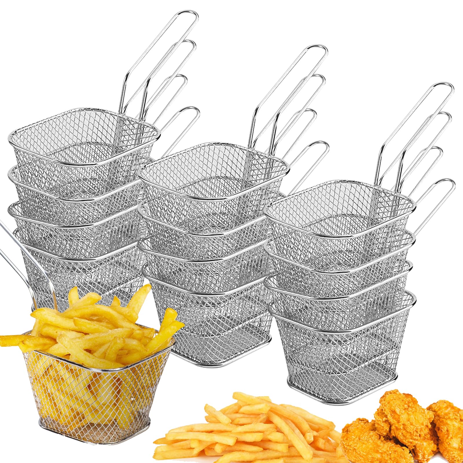 Lot de 12 paniers à frites : Petit panier à frites en acier inoxydable argenté avec anse - Panier à frites pour frites, frites, crevettes, rondelles d'oignon