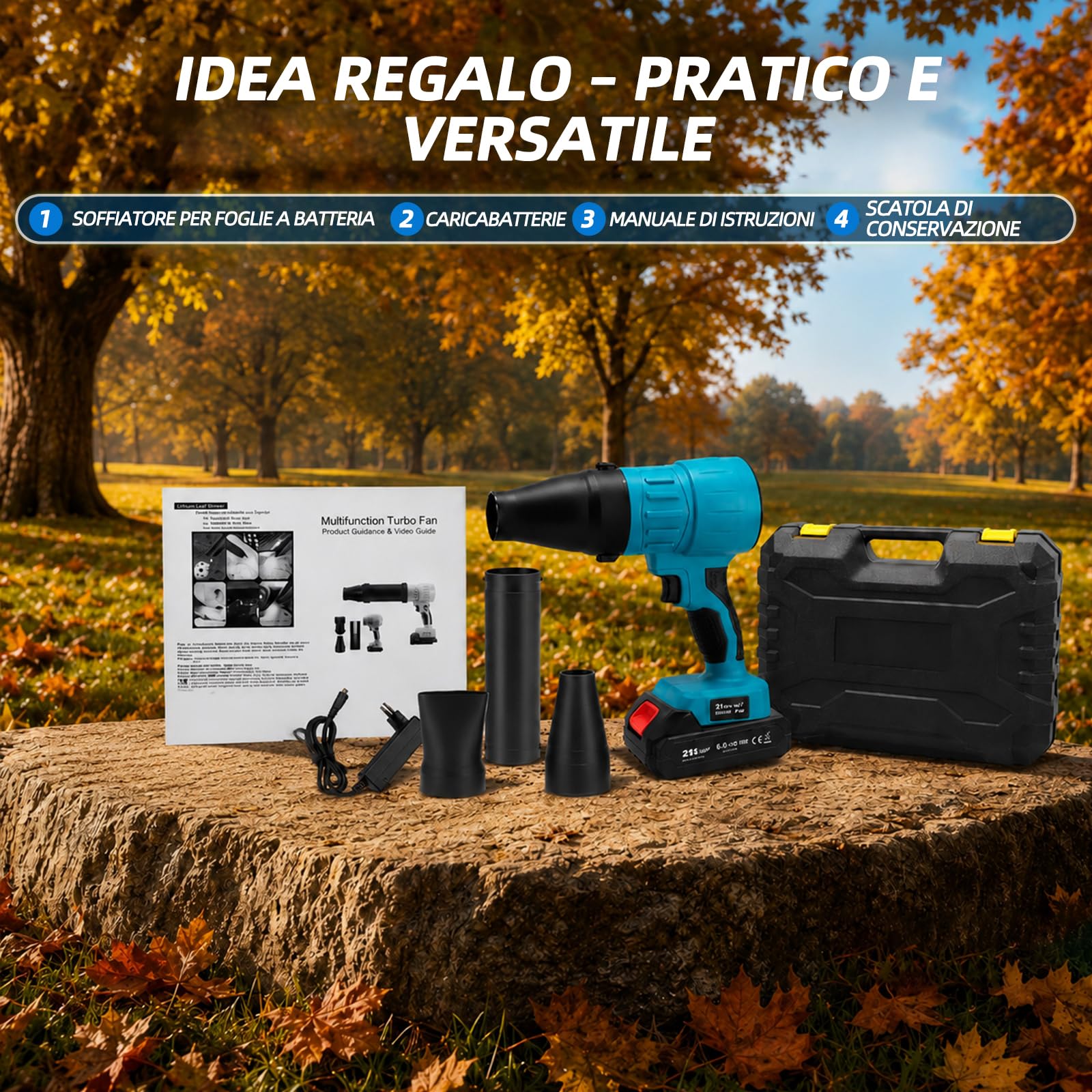 Soffiatore per foglie senza fili Turbo – 40000 giri/min, 60 m/s, 650 g – incl. 3 ugelli – Compatibile con Makita 18V – Blu (Senza batteria e caricabatterie)