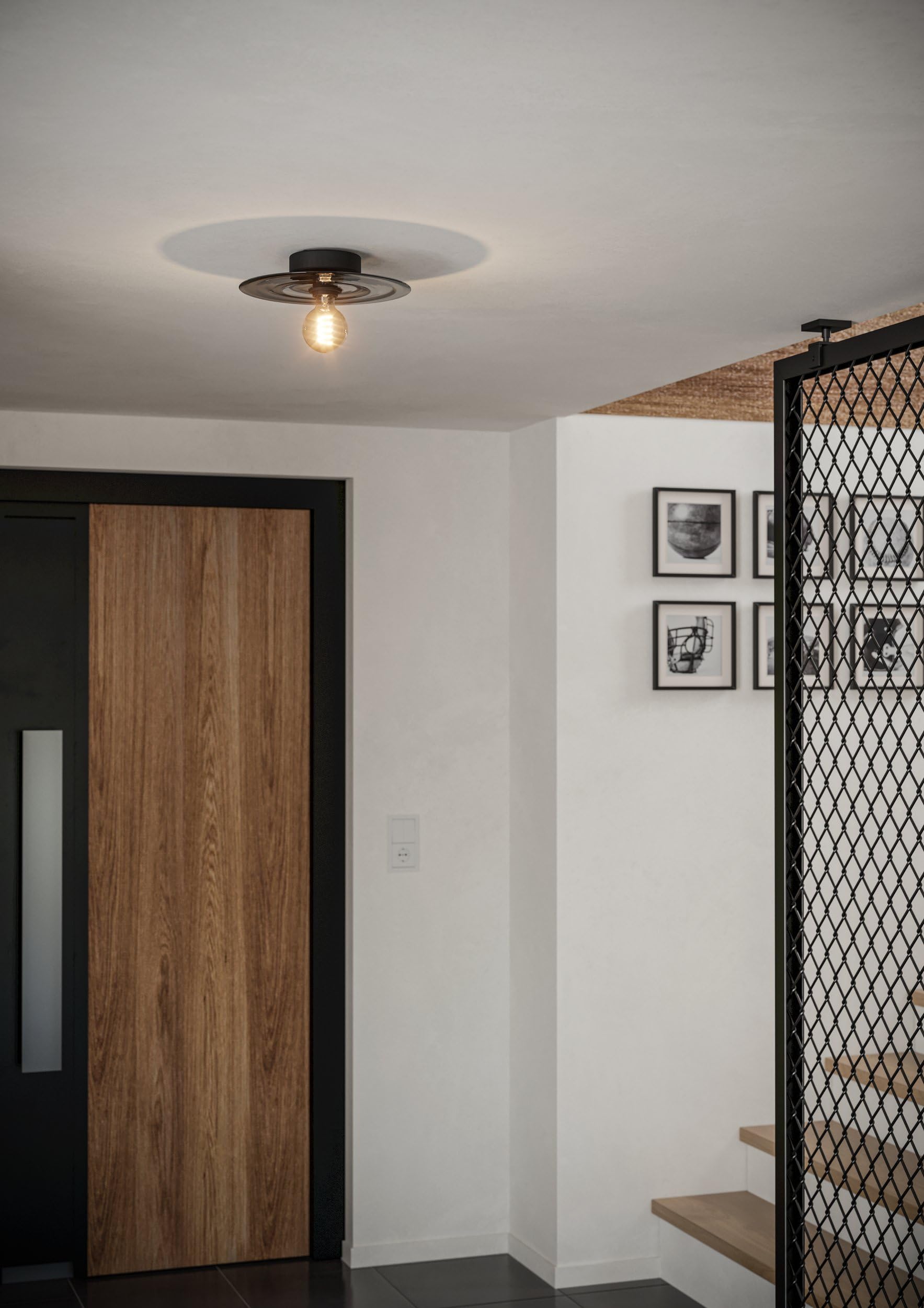 Eglo Lámpara de techo Lintmill, iluminación decorativa | de techo vidrio ahumado, luz para salón metal negro y latón, vidrio gris, Ø 30 cm