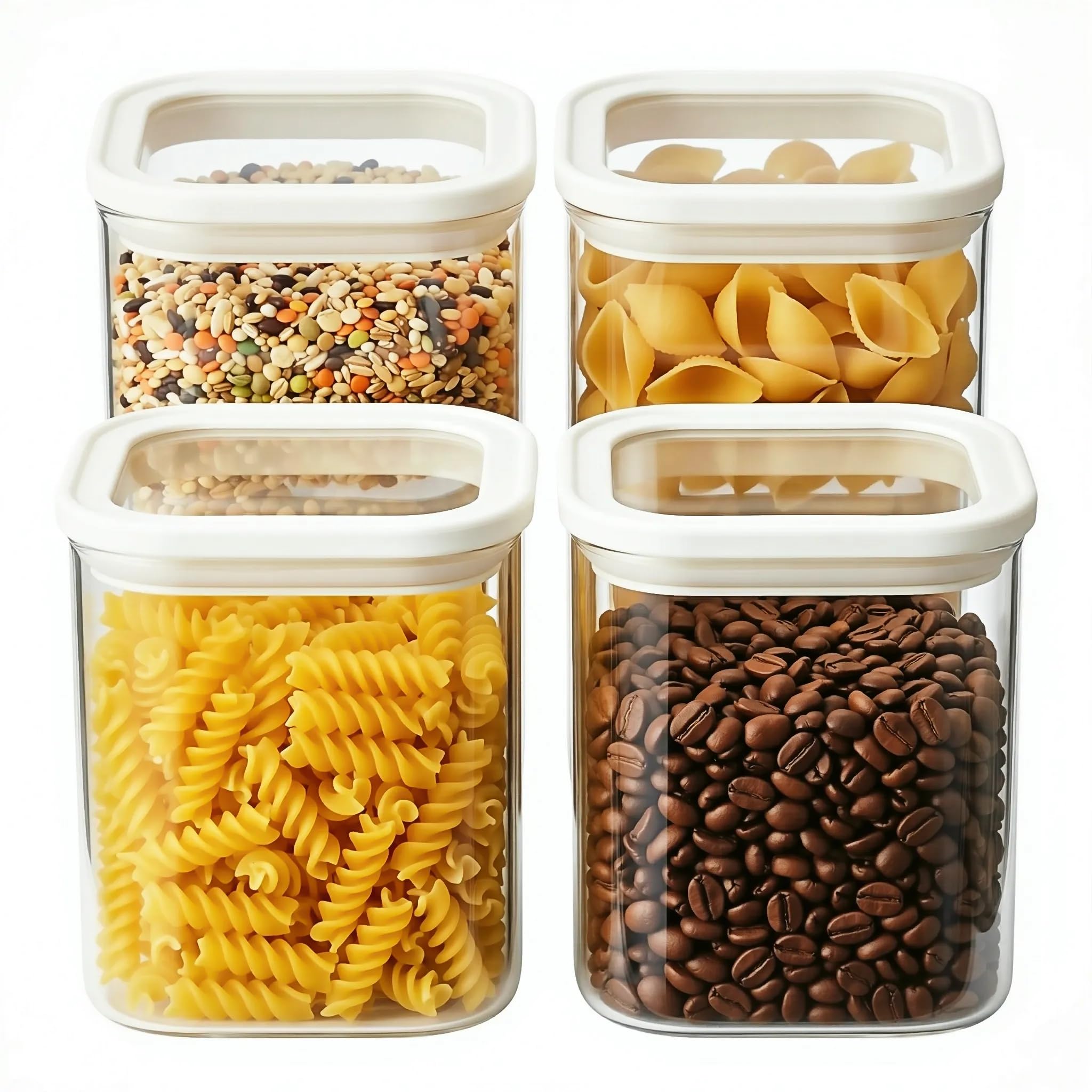 Juego de 4 recipientes cuadrados de vidrio para despensa con tapas de vidrio, 1.22 cuartos de galón, herméticos, apilables, para pasta, cereales, harina, aperitivos, tarros de almacenamiento