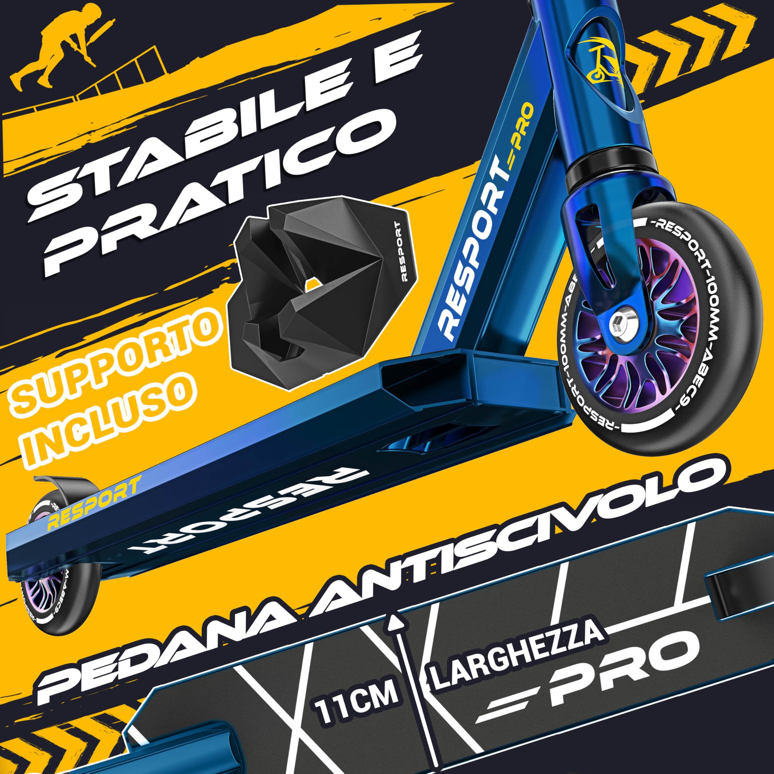 RE:SPORT Stunt Scooter Revo Pro per bambini e adulti con supporto, 110 mm, ruote in PU e Y-Bar, per acrobazie e monopattino ABEC 9, cuscinetti a sfera
