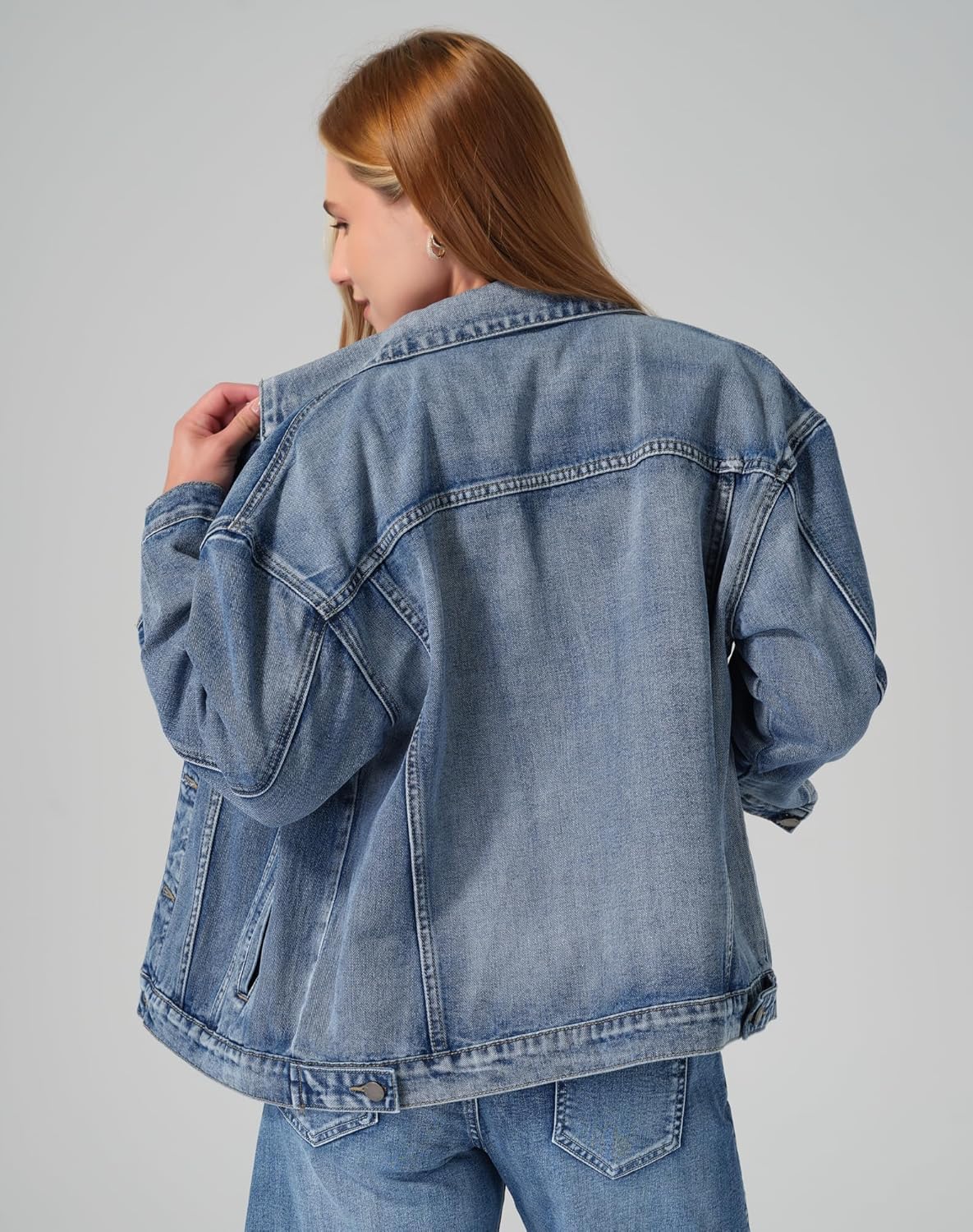 roswear Women’s Denim Jackets Oversized Button Long Sleeve Washed Jean Trucker Jacket with Pockets - Image 4
