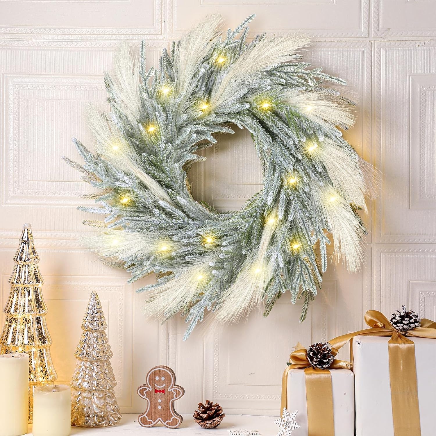 Juexica 19.7 Inch Lighted Christmas Wreaths for Front Door Flocked Norfolk Pine Wreaths with Boho Pampas Grass White Coastal Xmas Decor for Indoor Outdoor Wall Window Home Xmas Seasonal Decor