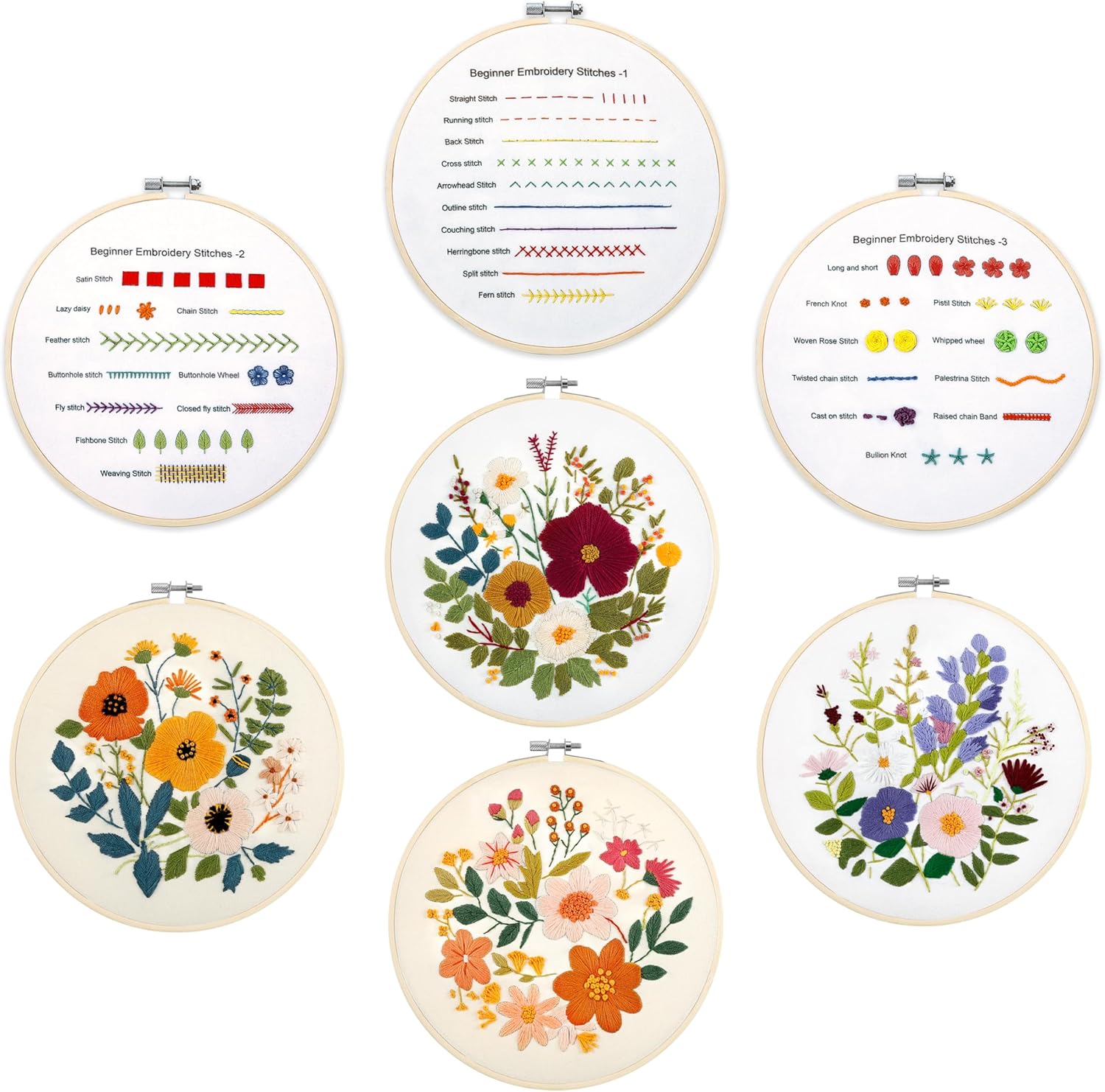 Bonroy 7 Sets Embroidery Kit for Beginners Art Craft Handy Sewing Include Embroidery Clothes with Pattern, Hoops, Instructions,Color Threads Needle Kit