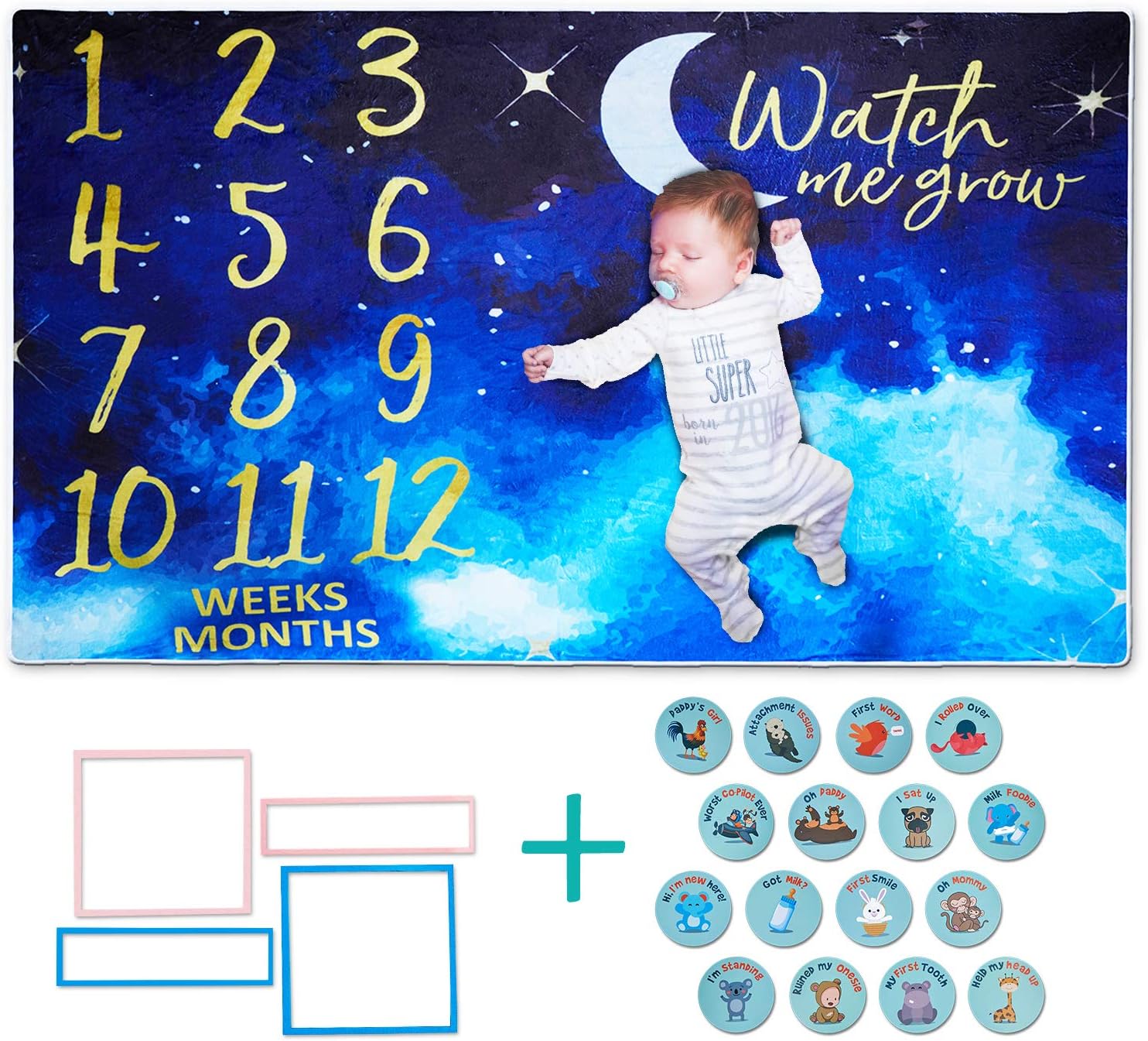 All Prime Monthly Baby Milestone Blanket for Baby Girl or Boy -4 Designs- Includes 16 Fun Stickers & 4 Frames -Baby Monthly Milestone Blanket - Cute Design on Ultra-Soft Fleece (Night Sky)