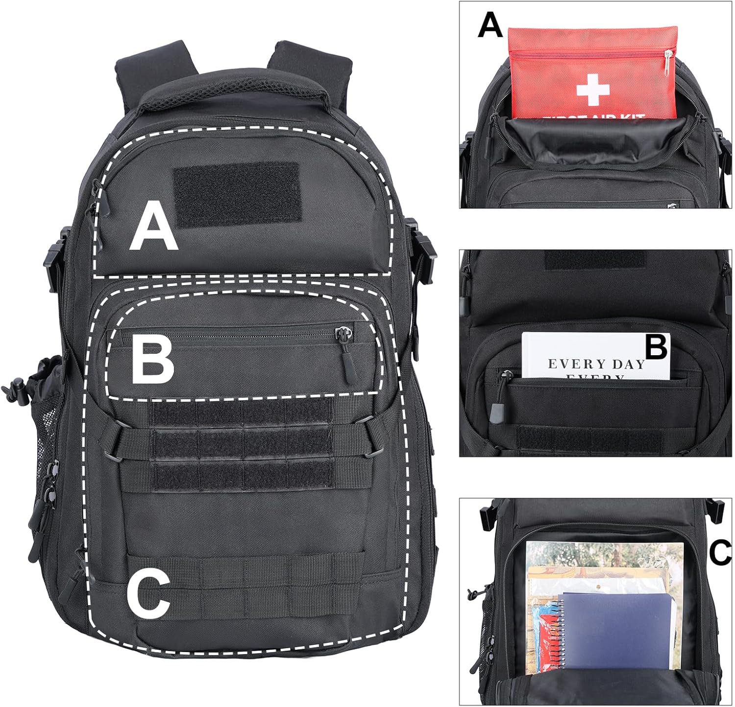 Tactical Hiking Backpack with 180° Open Design, Molle Webbing, Padded Laptop Compartment, Lightweight for Outdoor Adventures (black) - Image 6