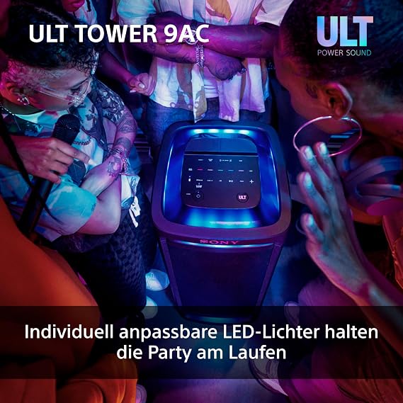 Sony ULT Tower 9 AC - Ultimate Bluetooth Party Speaker Mains Powered 2 ULT Power Sound Modes X-Balanced Speaker 360° Lighting & Sound Karaoke Inputs - Black