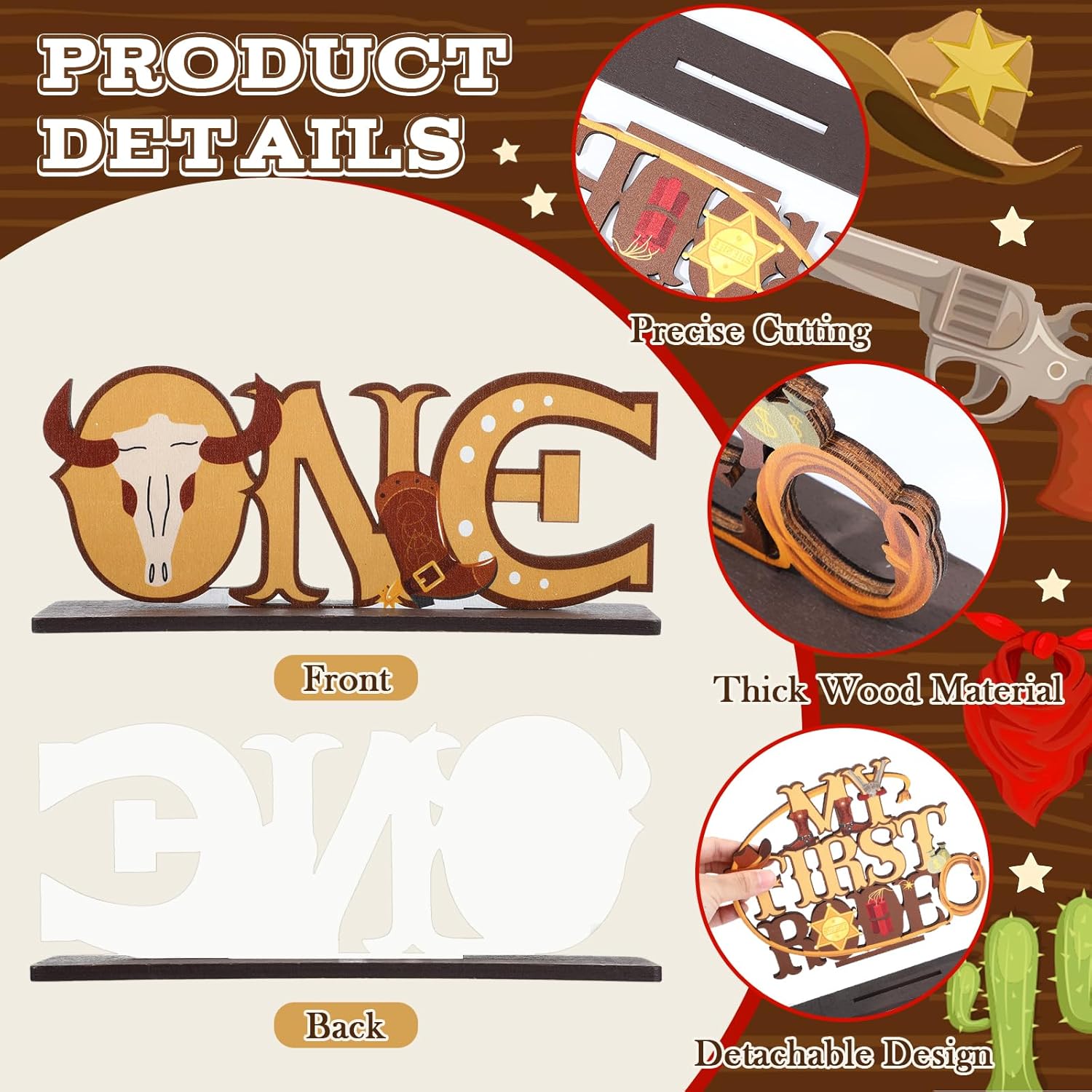 My First Rodeo Birthday Decorations Boy, 4Pcs Western Cowboy Table Centerpieces Decorations Cowboy 1st Birthday Wooden Table Sign Redeo Themed Party Decor for Baby Boy 1st Birthday Party Supplies