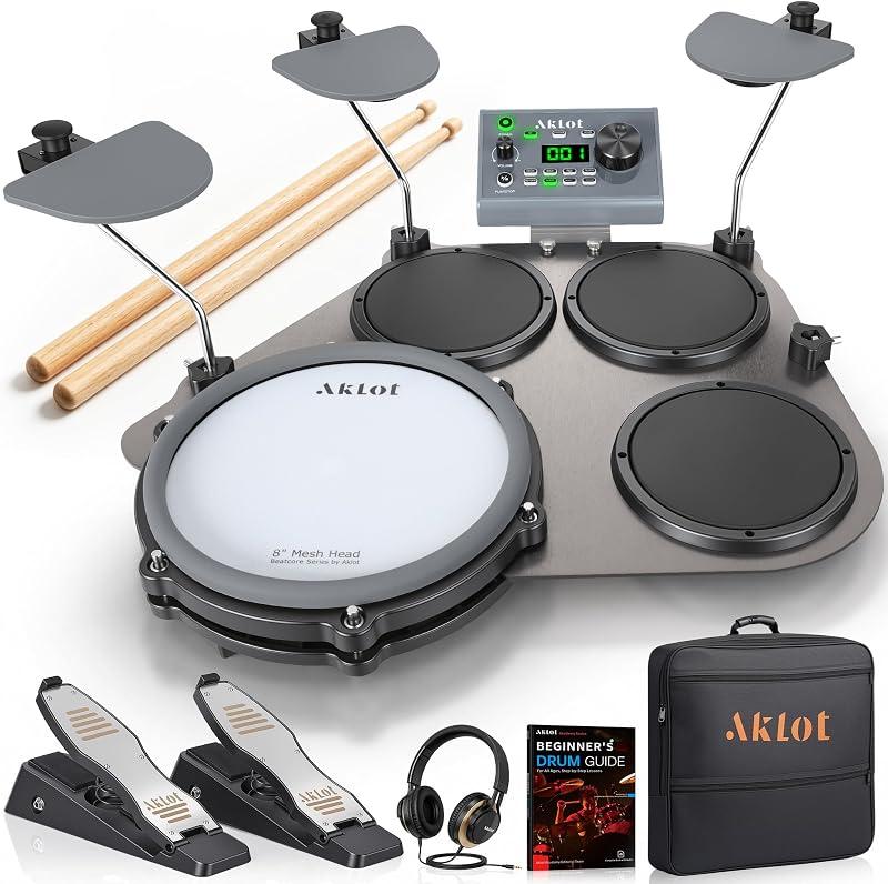 Portable Electric Drum Set: 8" Dual-Zone Mesh Snare Drum, Tabletop Drum Kit for Beginner, 360 Sounds, 10 Kits, Silicone Tom Pads, USB-MIDI, Dual Pedals, Headphones, 2-Year Warranty, Grey