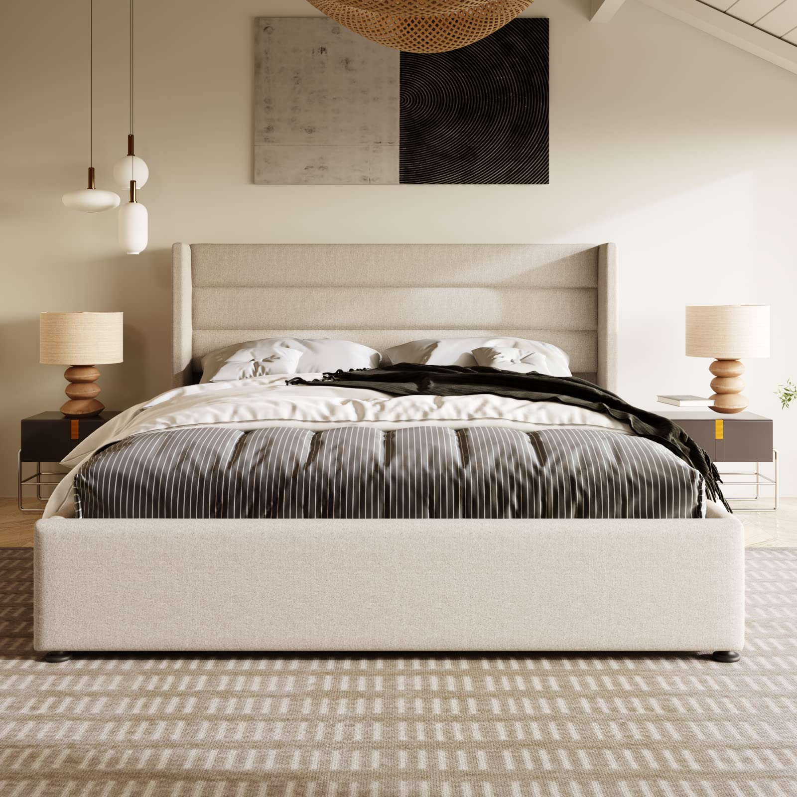 FEEOHOME Lit Double Rembourré 160 x 200 cm, lit 2 Places avec Cadre de lit et Espace de Stockage, Lits Coffre sommier à Lattes pour Adulte Adolescent, Lin Beige