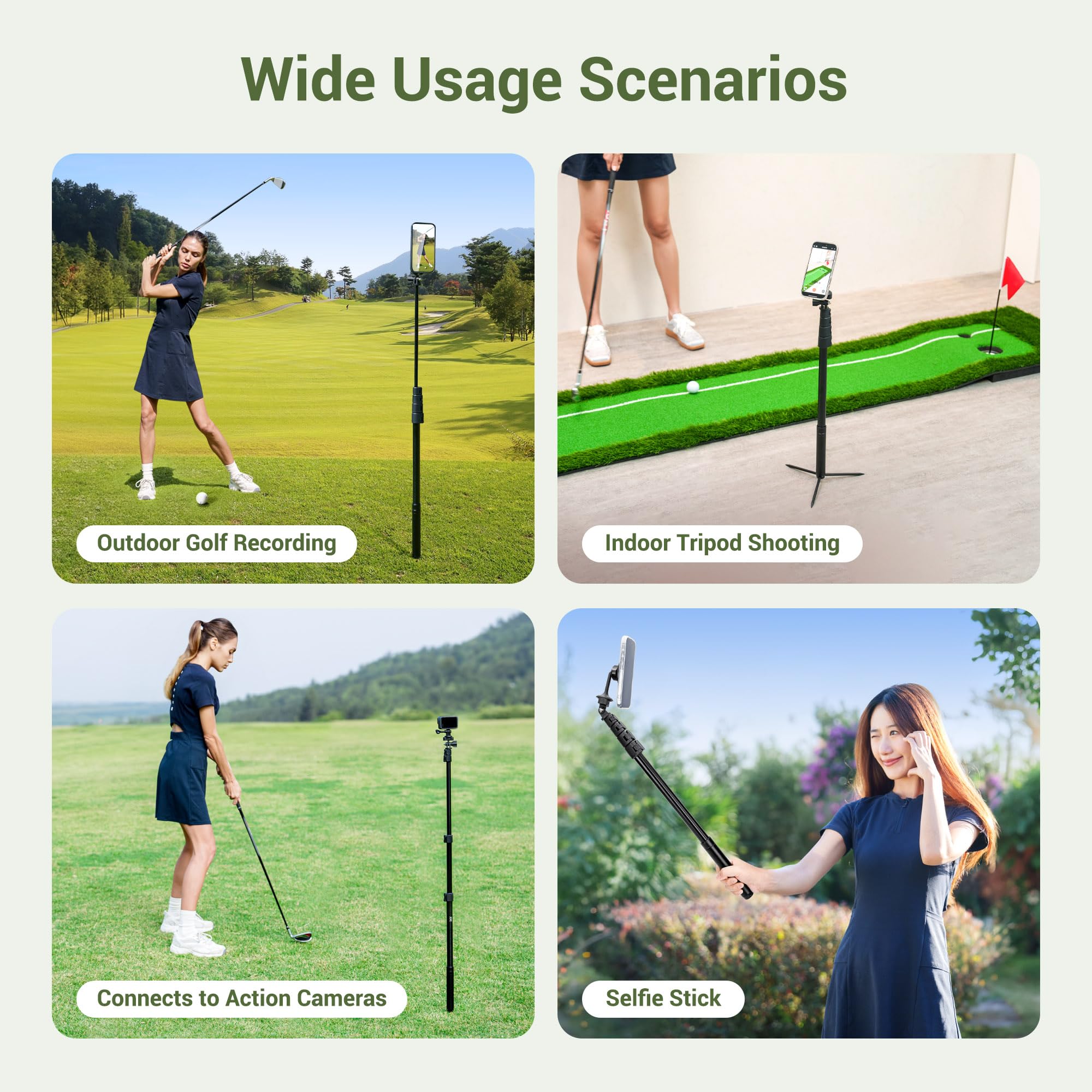 JJC 61” Magnetico Monopiede Golf Selfie Stick Treppiede con Picchetti di Terra, Telefono Titolare Alluminio Estensibile Treppiede, Telefono Stand per iPhone 16 15 14 Android Telecamere D'azione