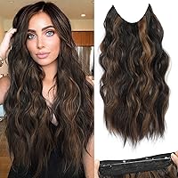 Vista 58 de Extensiones de cabello tipo aureola de 20 pulgadas, alambre invisible, ajustable, cabello largo ondulado, mejora sintética, 4 clips de seguridad