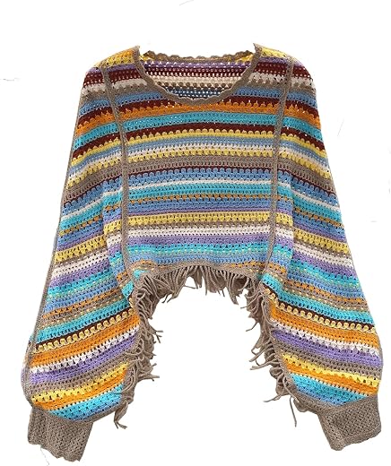 ICW Women Multicolour Hollow Out Batwing Sleeves Crochet Cape Poncho Bohemian Tassel Crop Top (ONE Size 30-36 Inch)