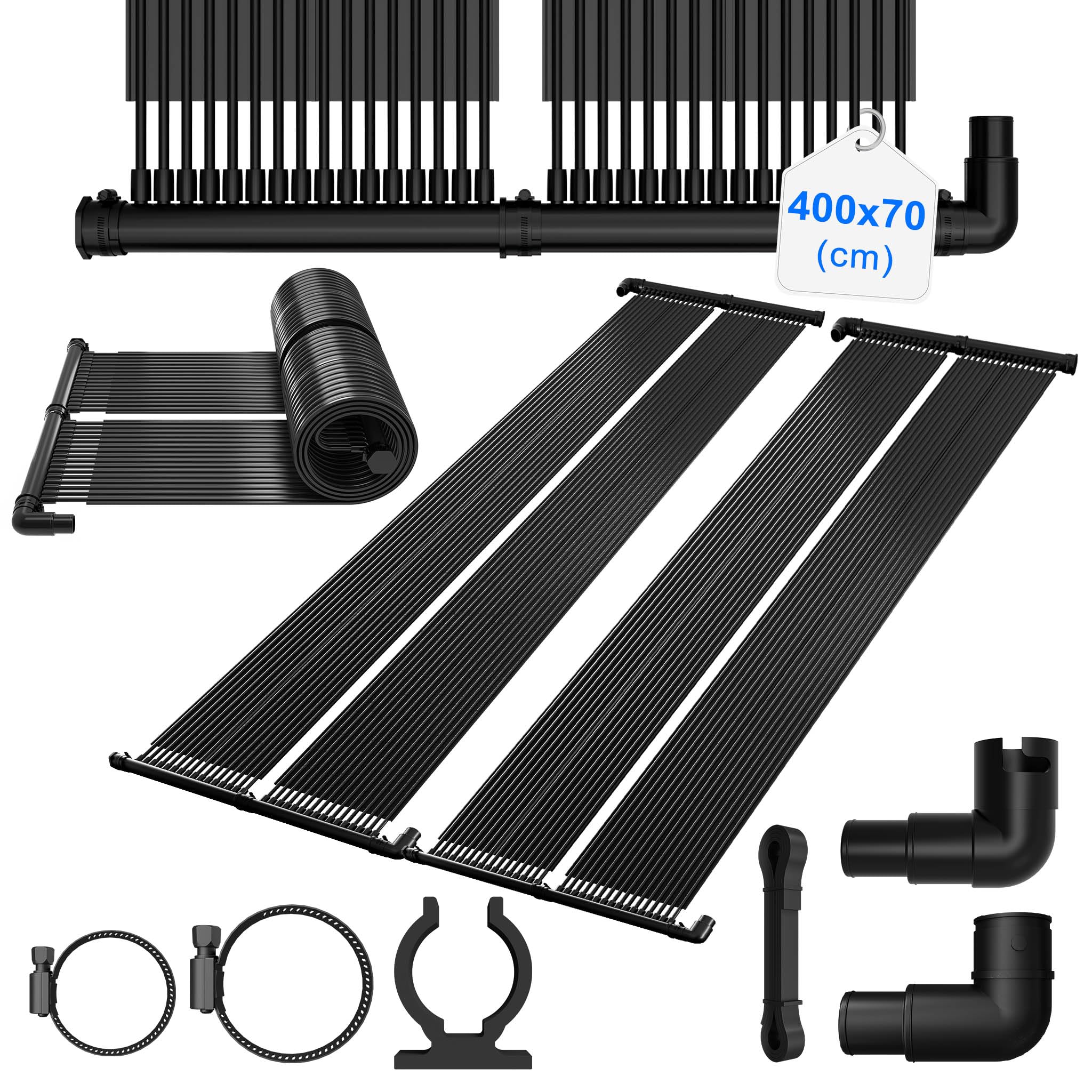 Set di 2 pannelli solari riscaldanti per piscina, 400 x 70 cm, per piscina, in plastica resistente ai raggi UV, espandibile a piacere, tappetino solare per acqua calda, ecologico, con