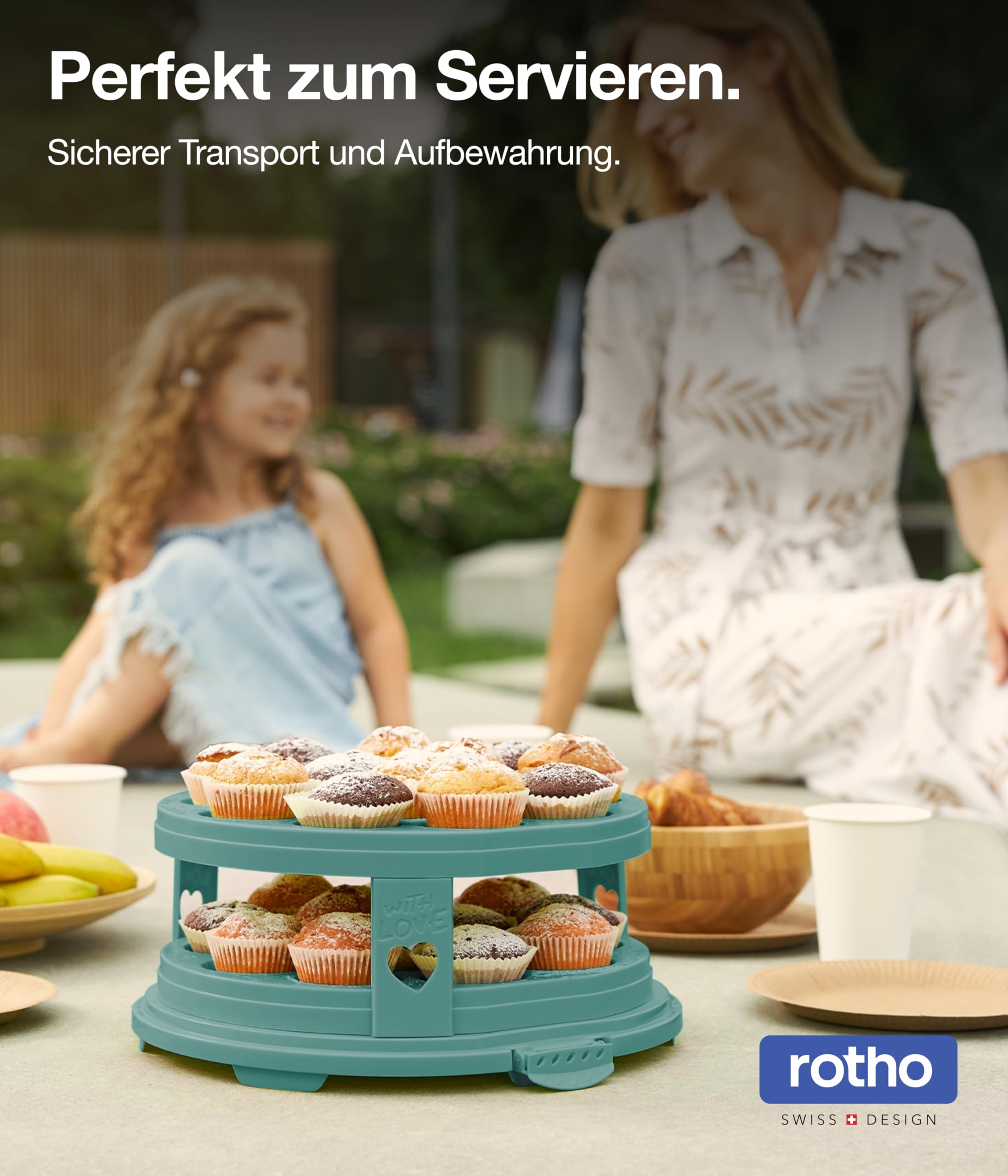 Rotho Fresh Taartstolp hoog met trays, voedselveilig kunststof (PP) BPA-vrij, turquoise/transparant, (35,5 x 34,5 x 26,0 cm